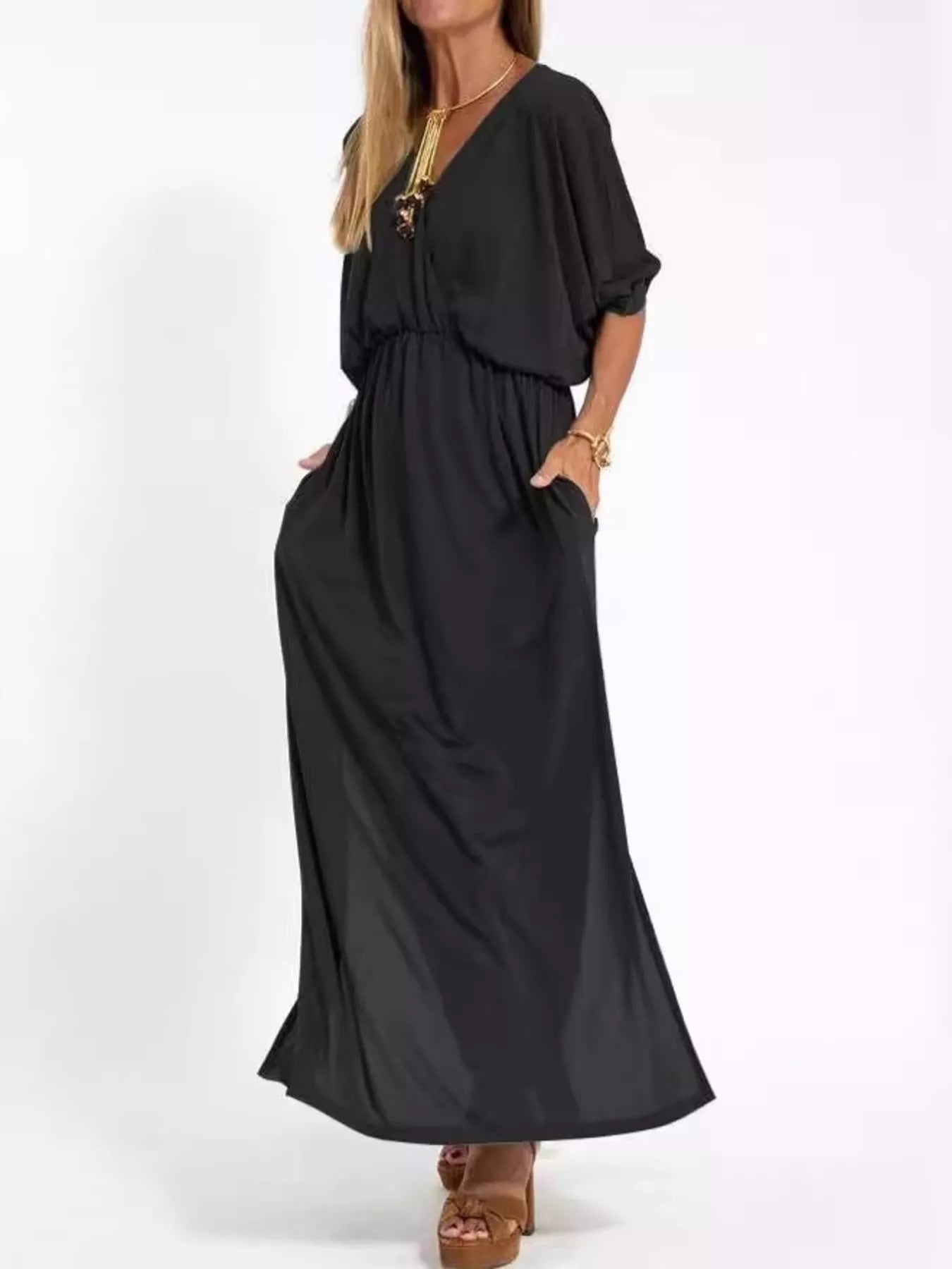 Full Size V-Neck Batwing Sleeve Maxi Dress with Side Slits Plus Size