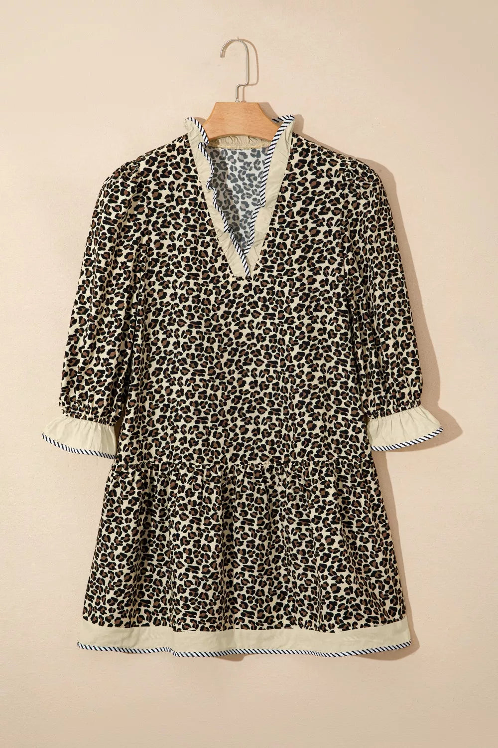 Leopard Print Striped Color Block Trim V Neck Bracelet Sleeve Mini Dress