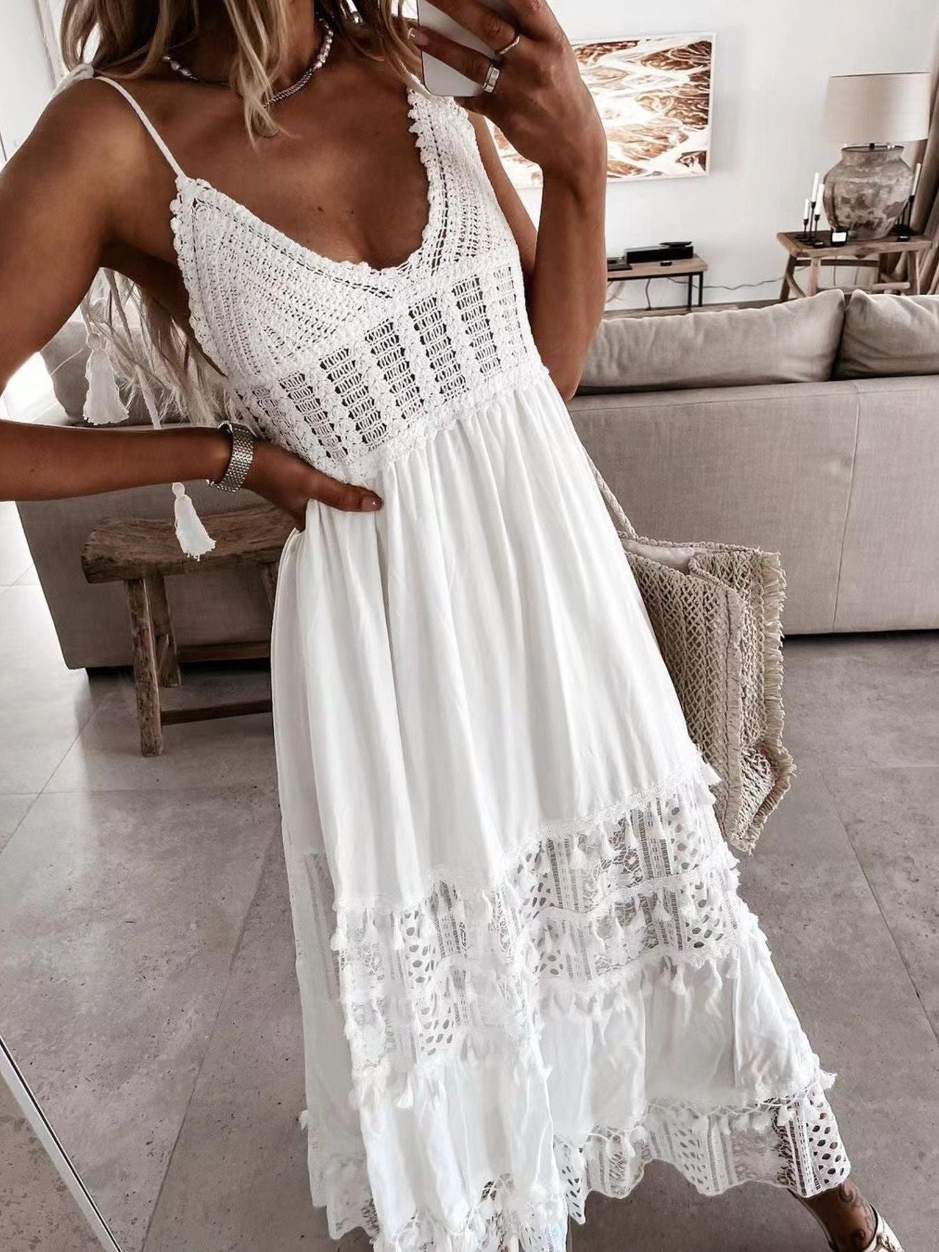 Full Size Bohemian Crochet Trimmed Cami Dress with Tassel Trim Plus Size