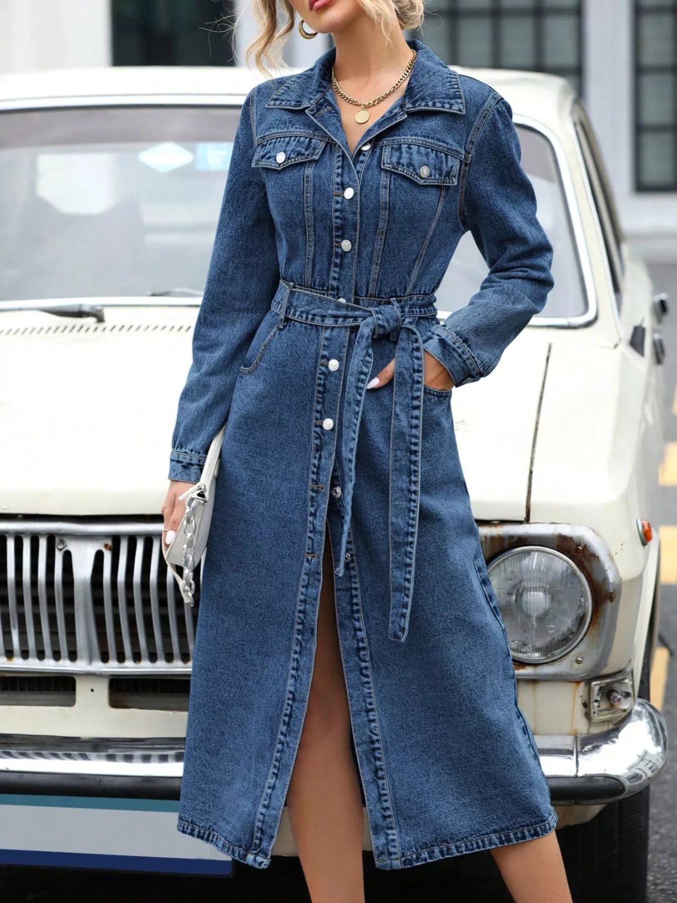 Belted Long Sleeve Denim Dress