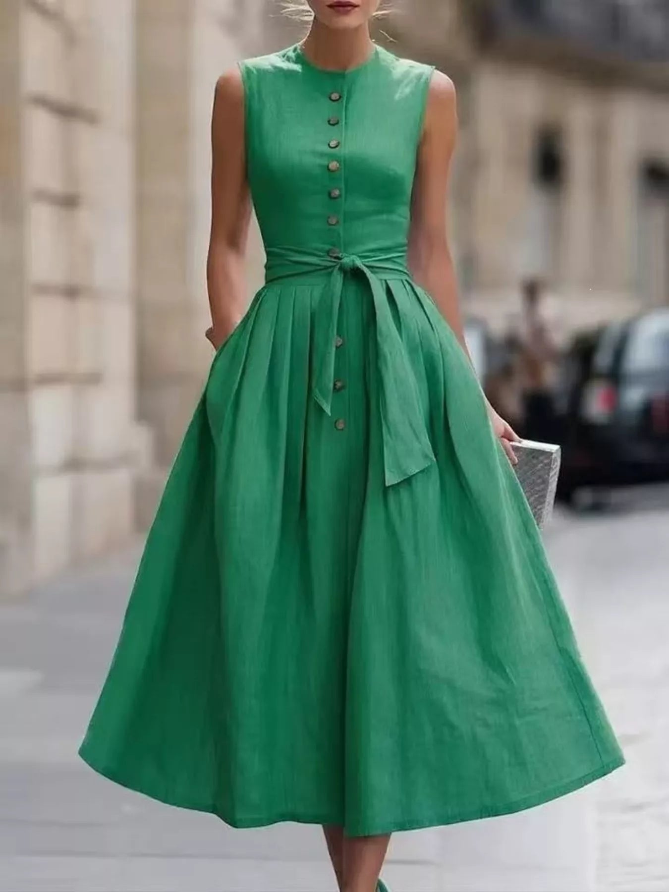 Full Size Sleeveless Button-Front Belted Midi Dress Plus Size