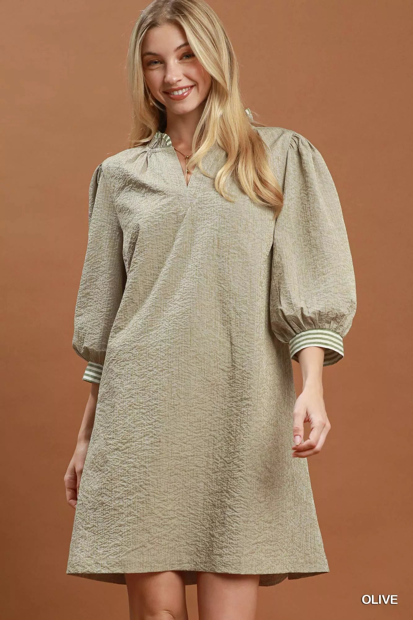 Umgee Textured Contrast Trim Tie Waist Mini Dress