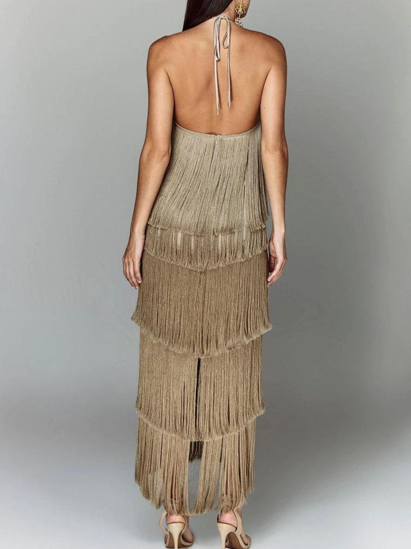 Fringe Halter Neck Maxi Dress