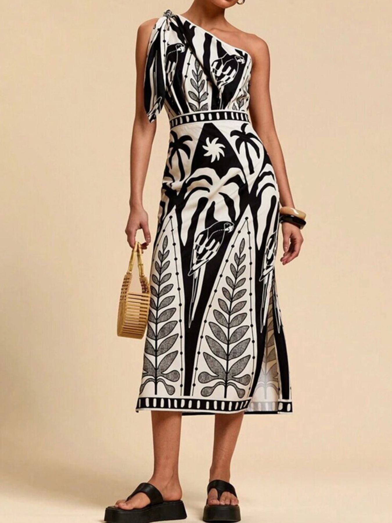 One-Shoulder Tropical Print Midi Dress