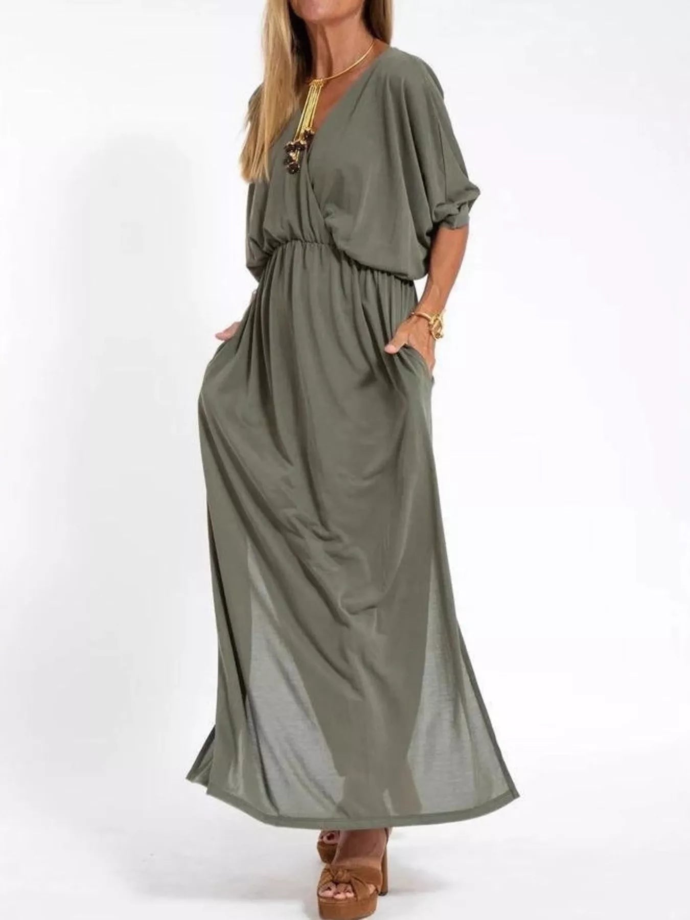 Full Size V-Neck Batwing Sleeve Maxi Dress with Side Slits Plus Size