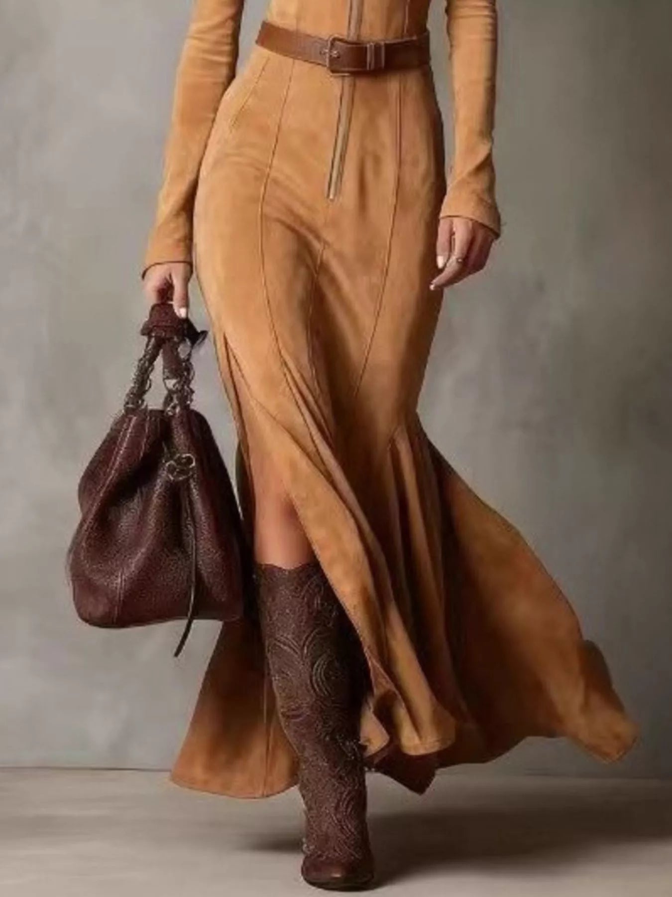 Full Size Slit Zip Front Long Sleeve Dress Plus Size