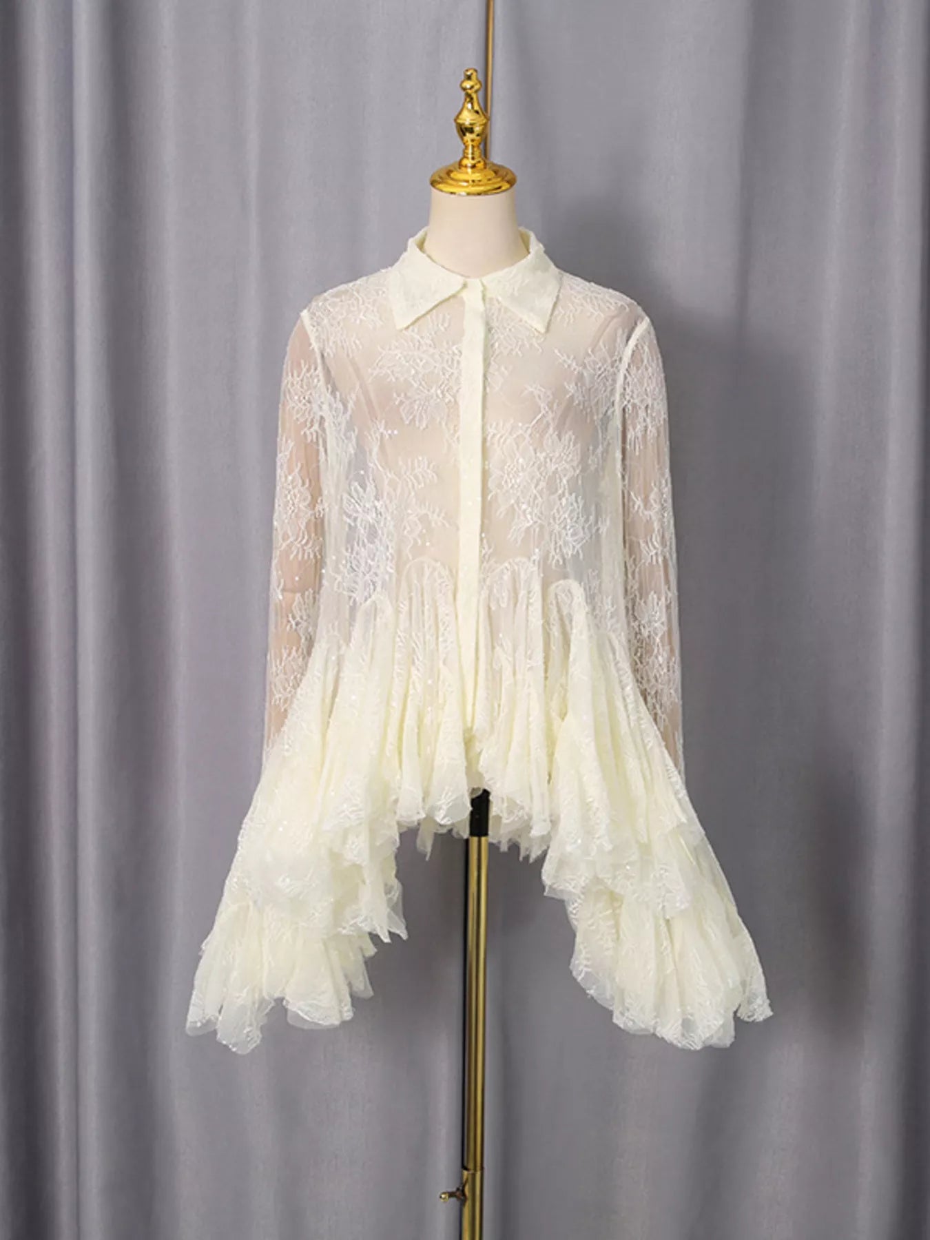 Ruffled Hem Lace Long Sleeve Dress