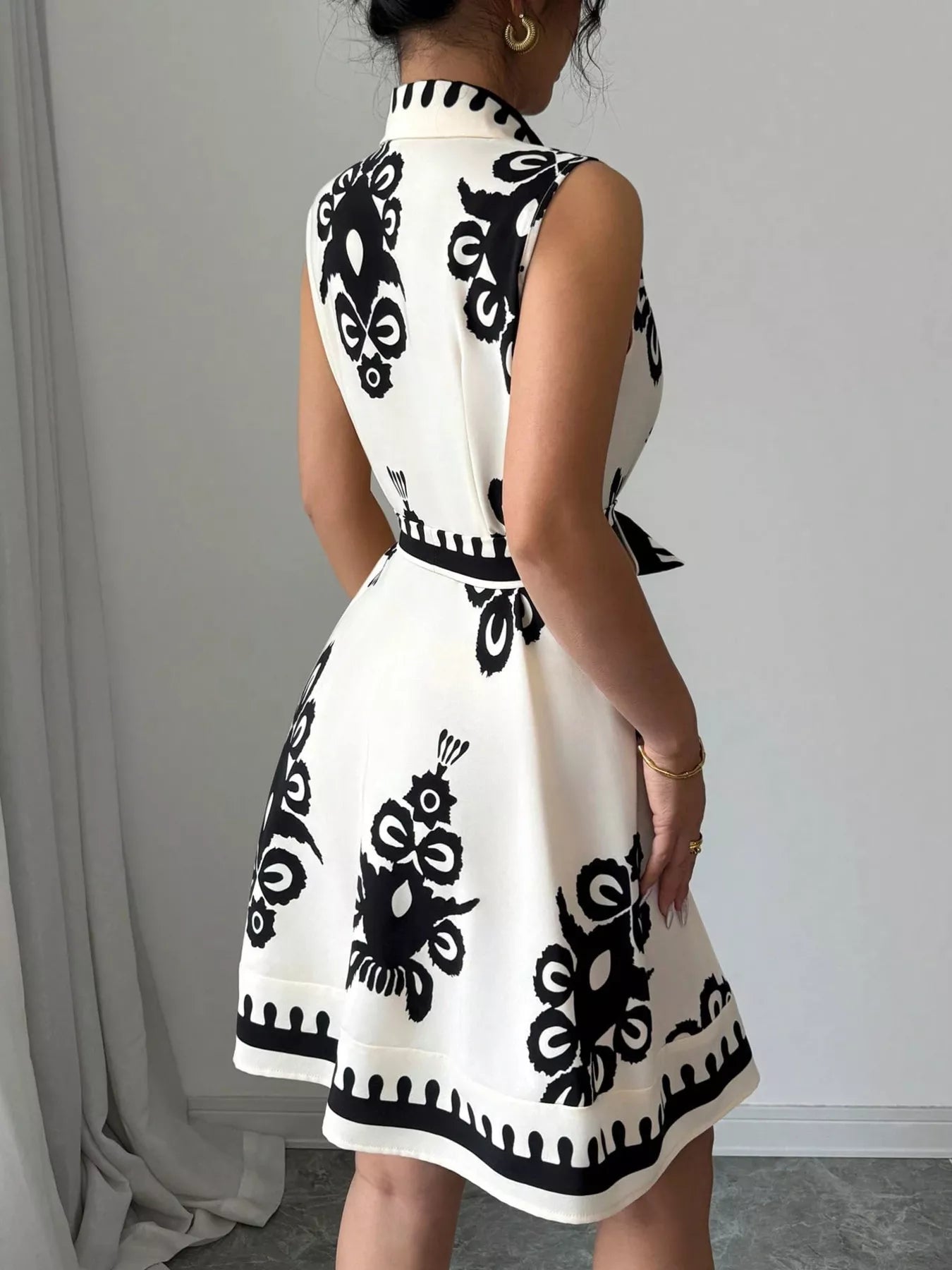 Sleeveless Ruched Printed Tie Waist Dress