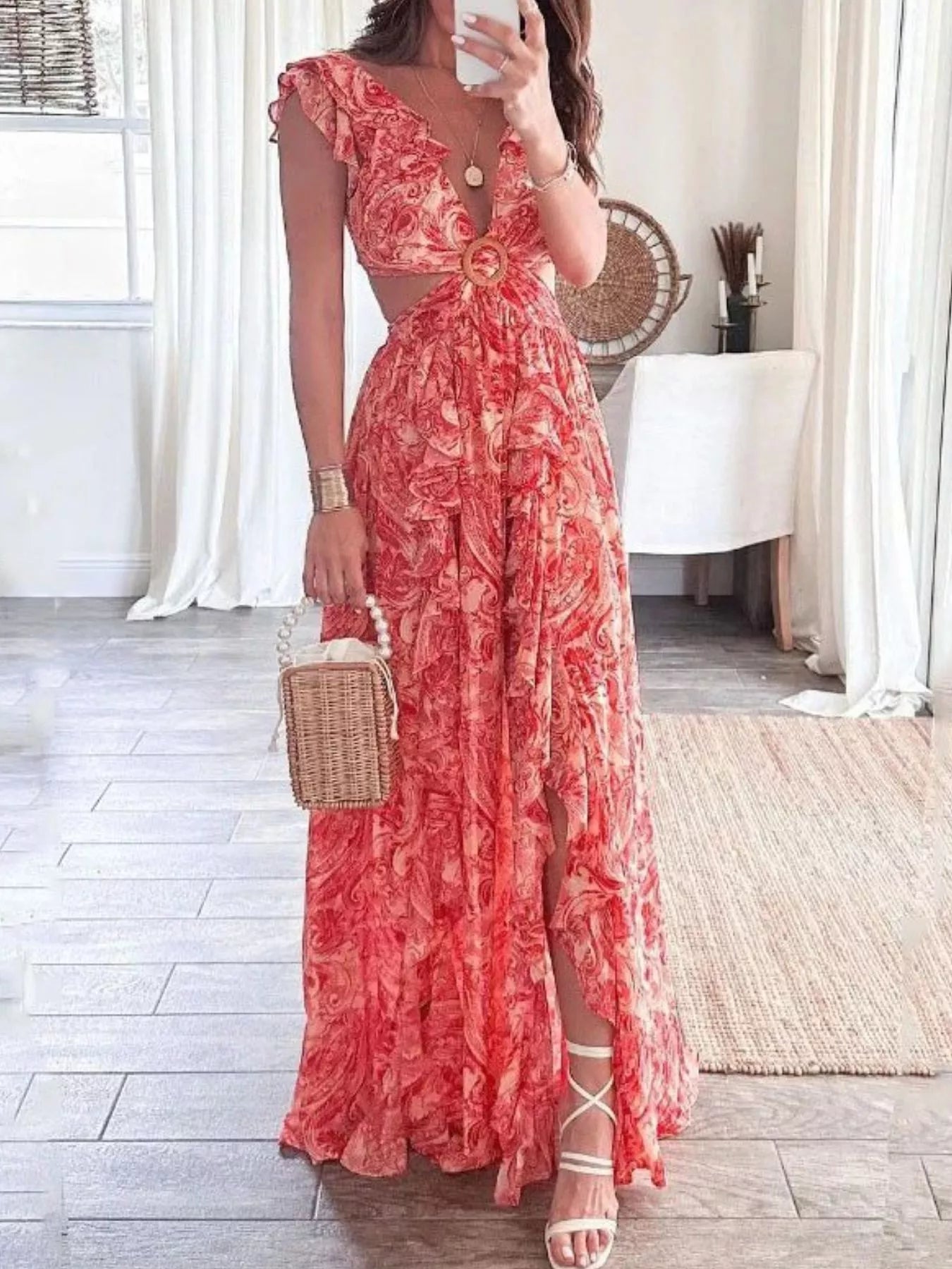 Full Size Ruffled Cutout V-Neck Maxi Dress Plus Size