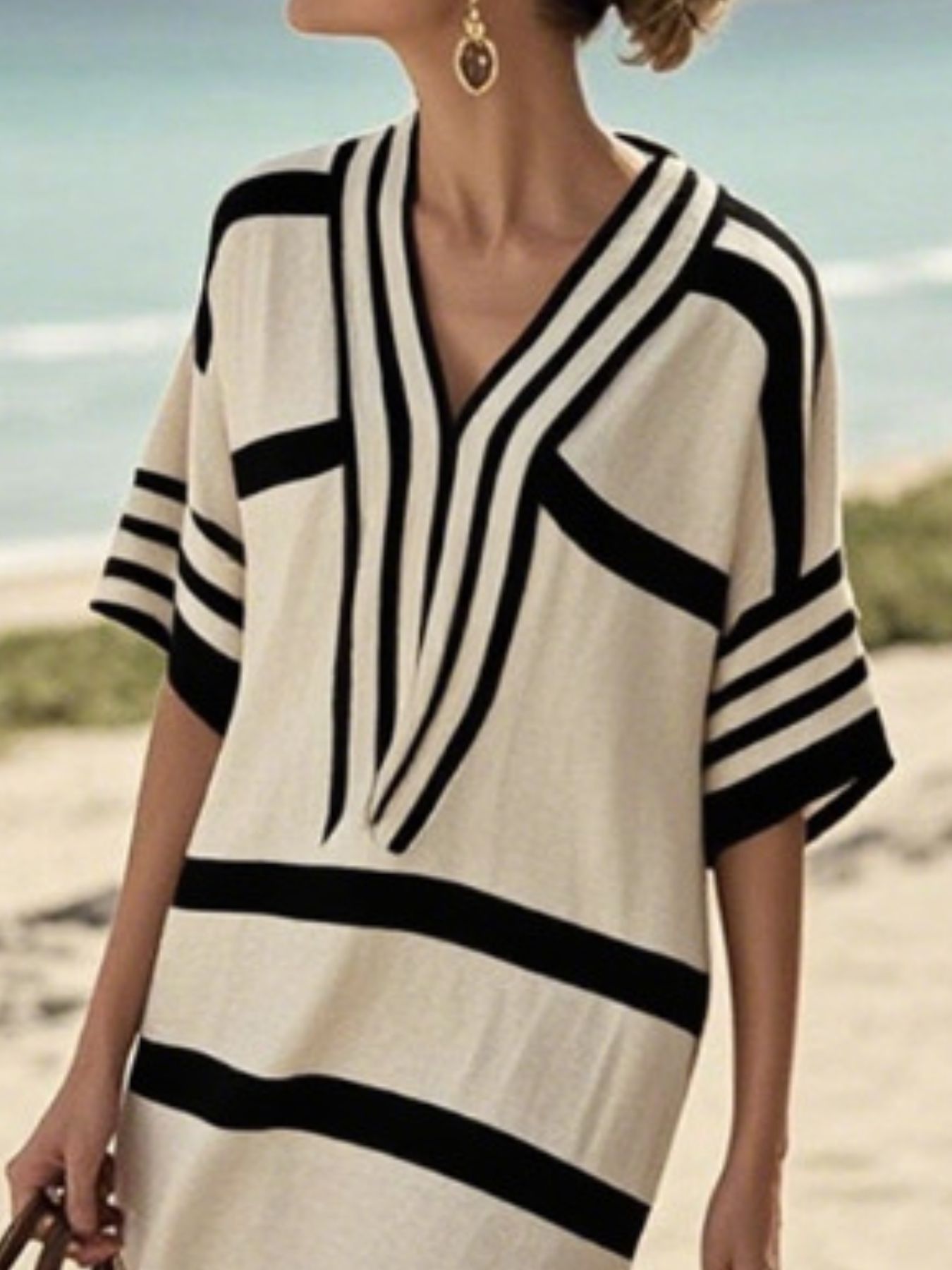 Full Size Striped Half Sleeve Midi Dress Plus Size