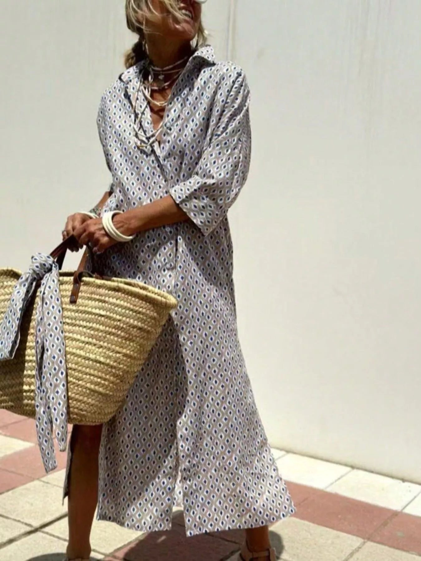 Full Size Printed Button-Down Midi Dress Plus Size