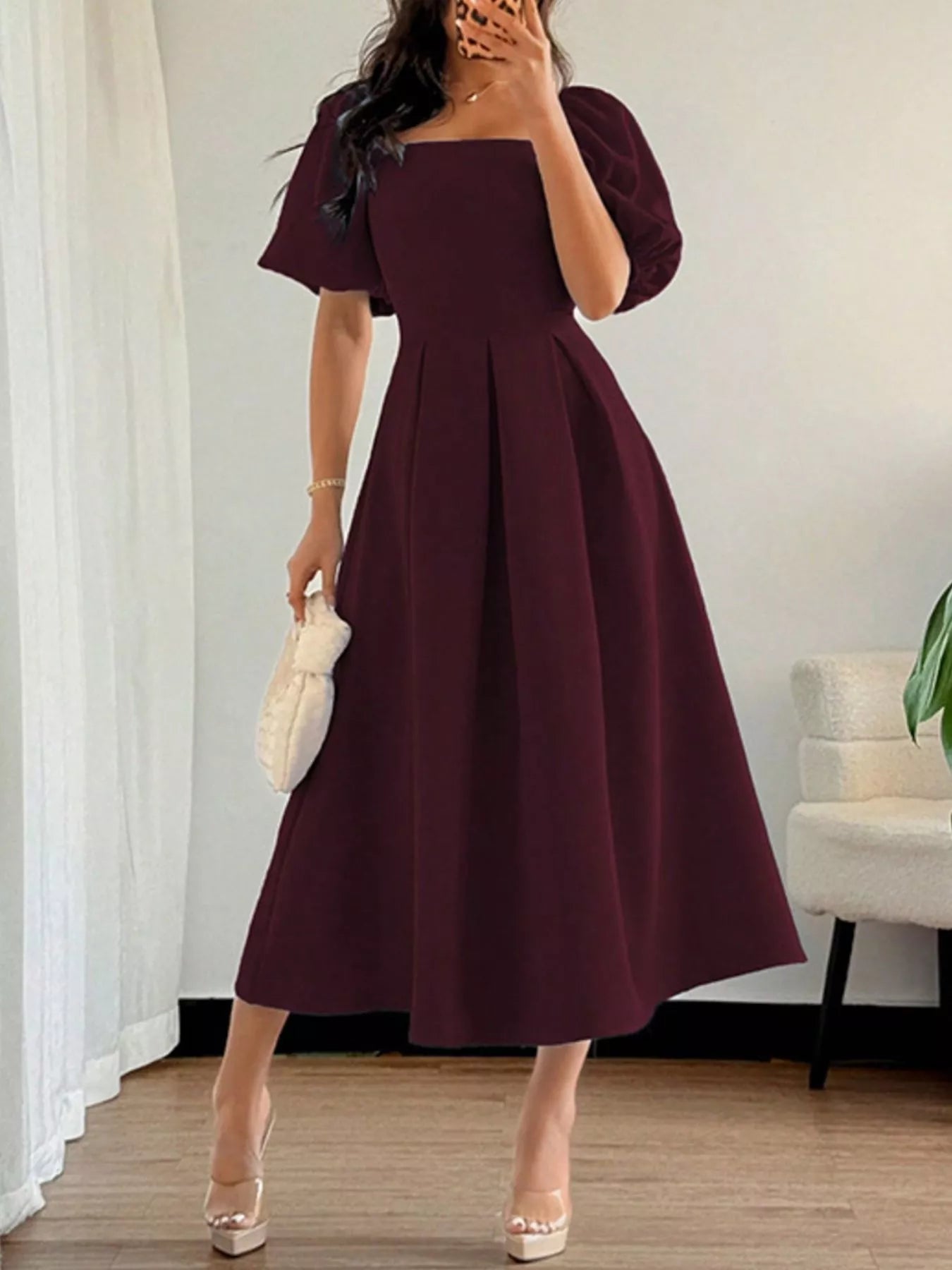 Square Neck Flutter Sleeve Midi Dress