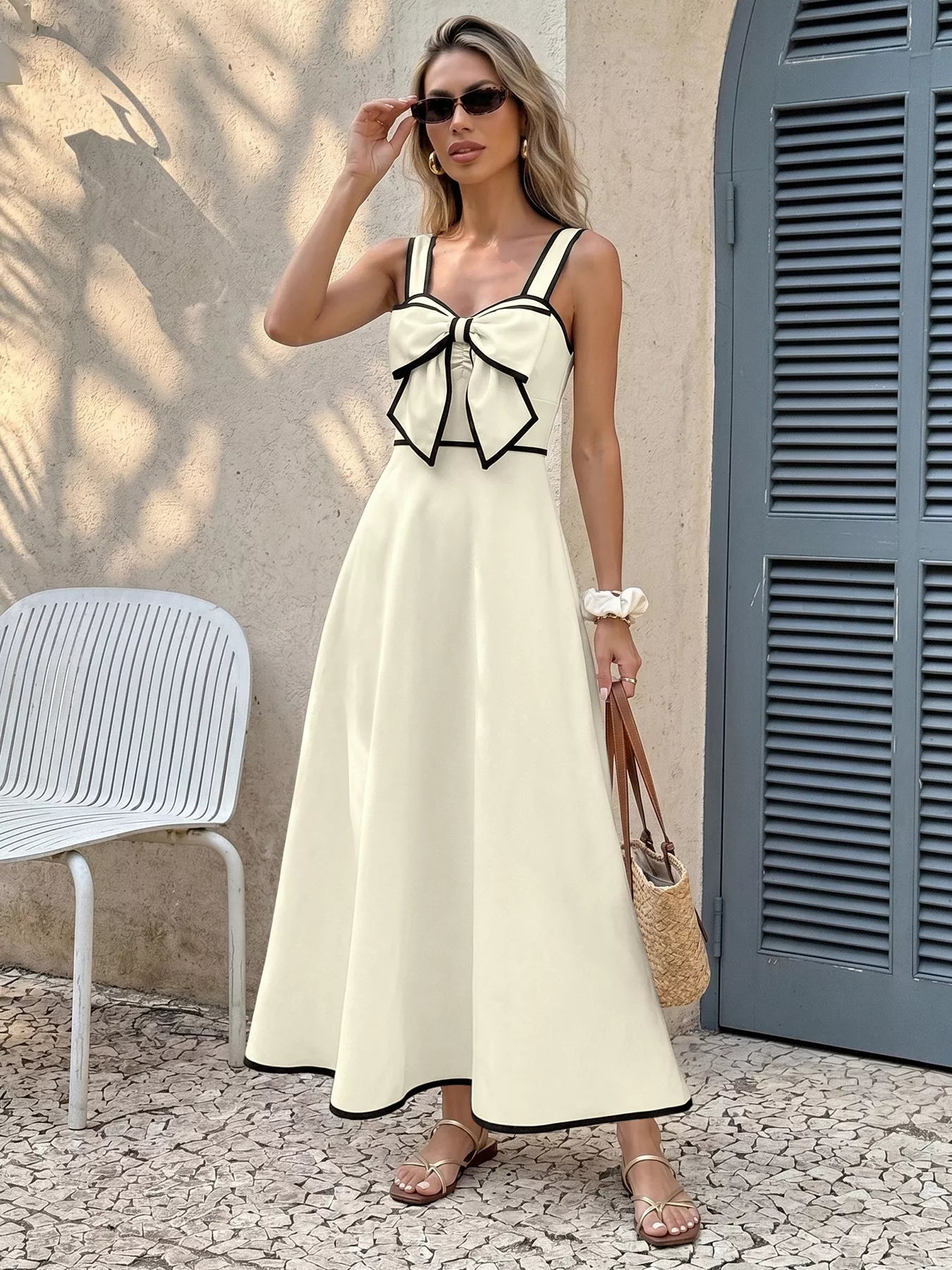 Bowknot Trim A-Line Midi Dress