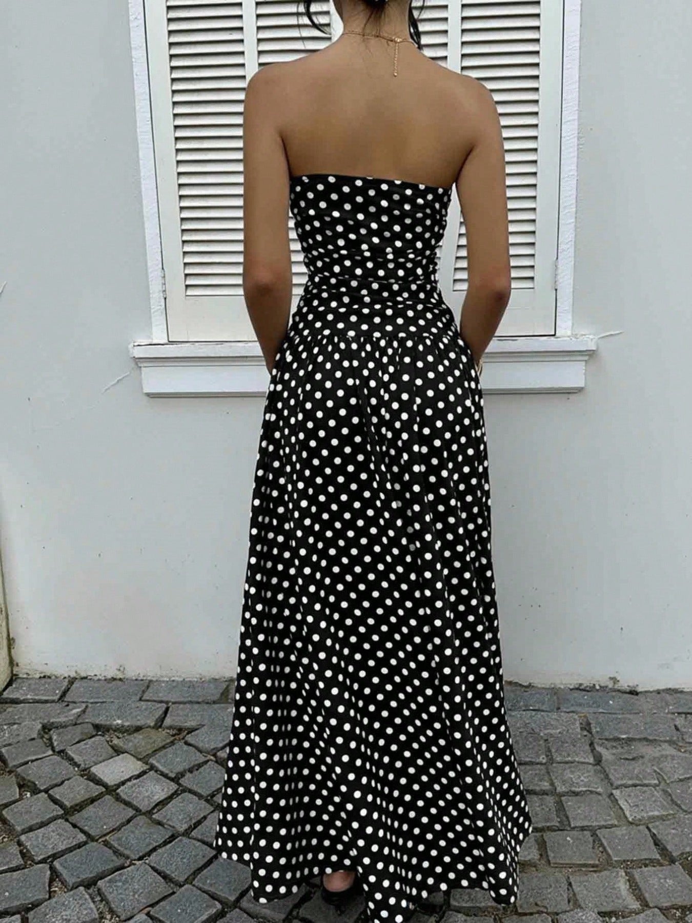 Polka Dot Ruched Strapless Maxi Dress