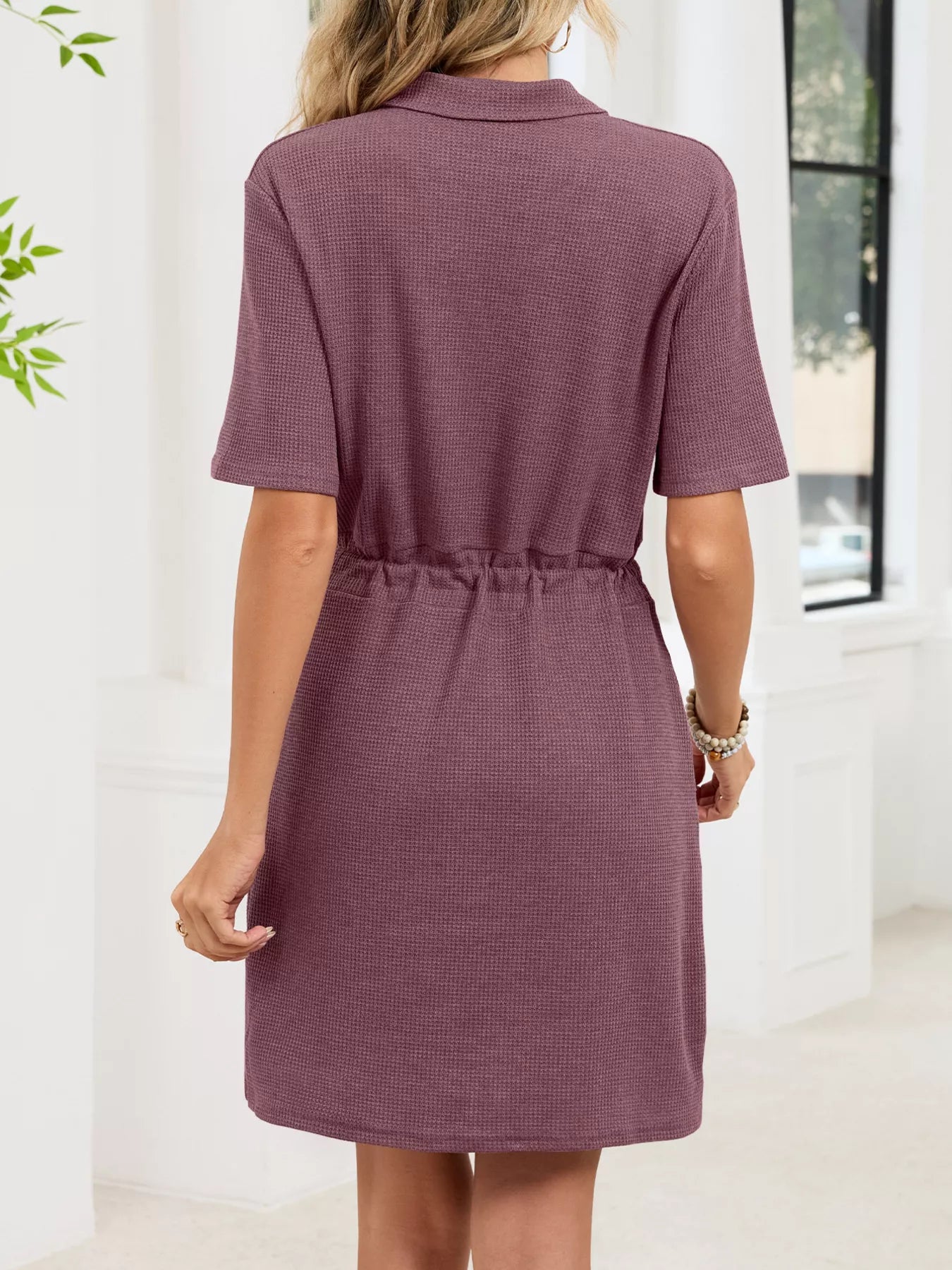 Casual Knit Polo Collar Drawstring Waist Dress