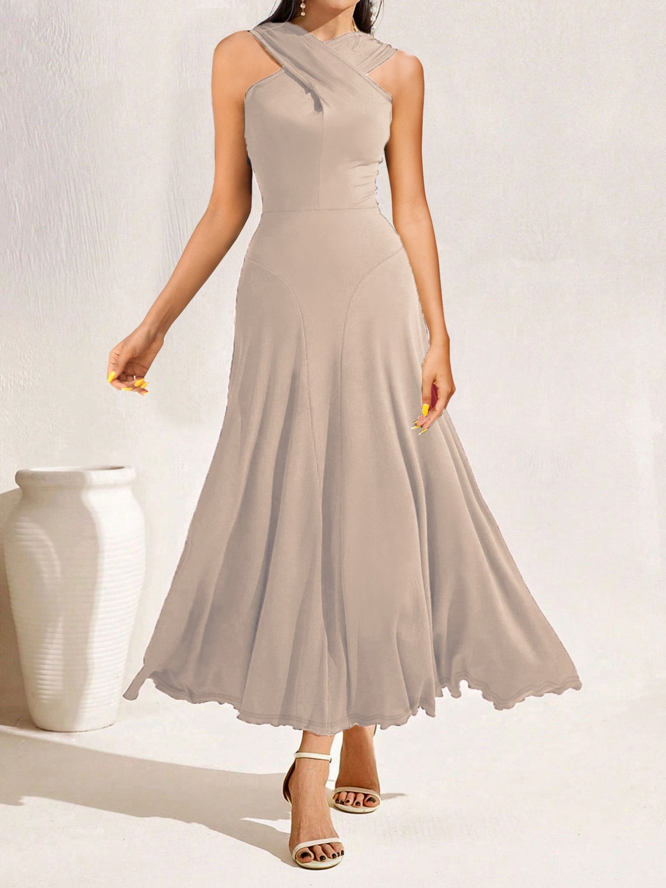 Crisscross Halter Neck A-Line Midi Dress
