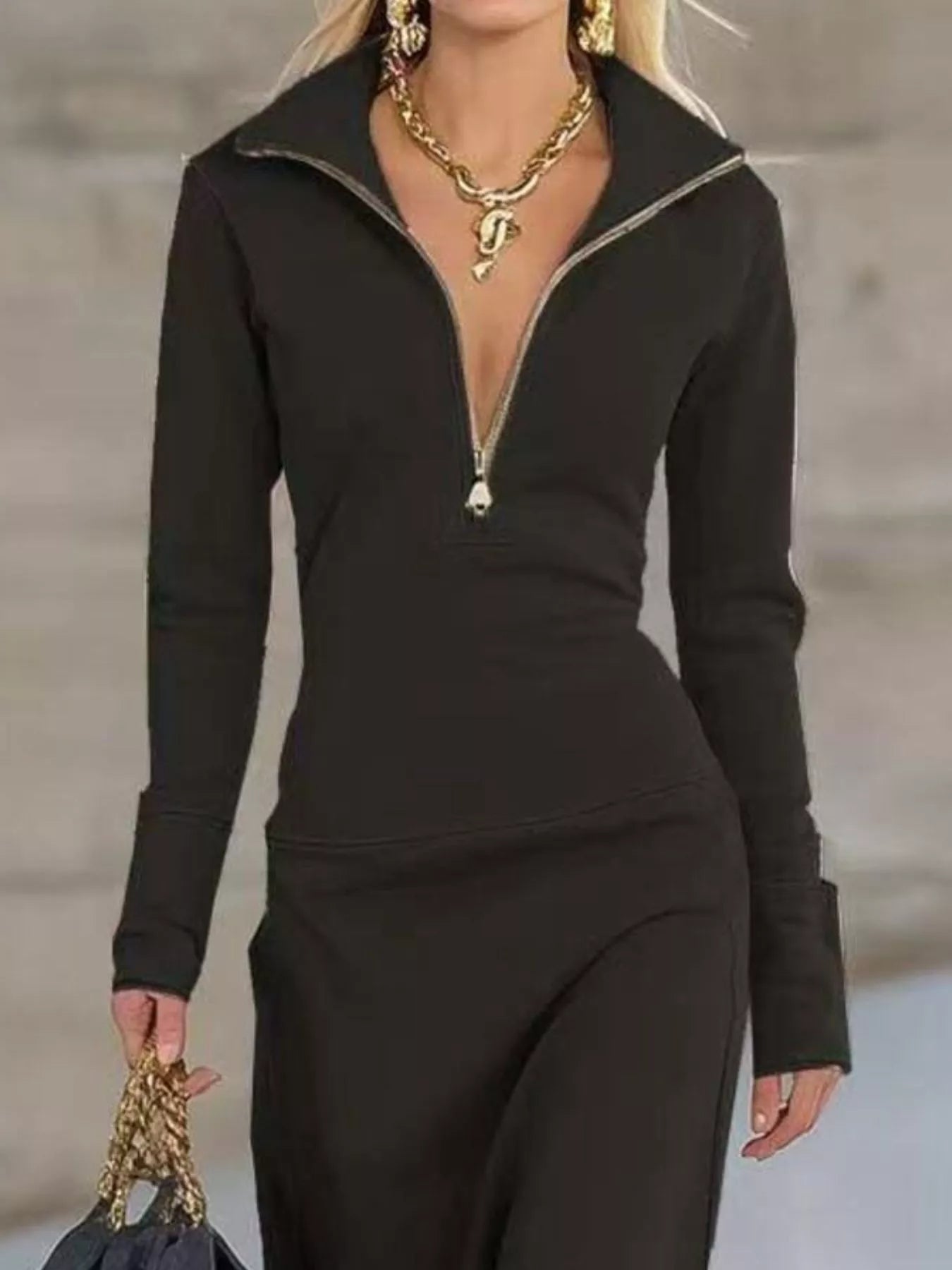 Zip Collar Long Sleeve Maxi Dress