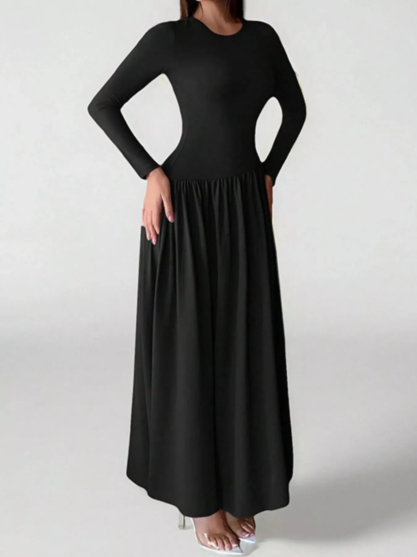 Long Sleeve Ruched A-Line Maxi Dress
