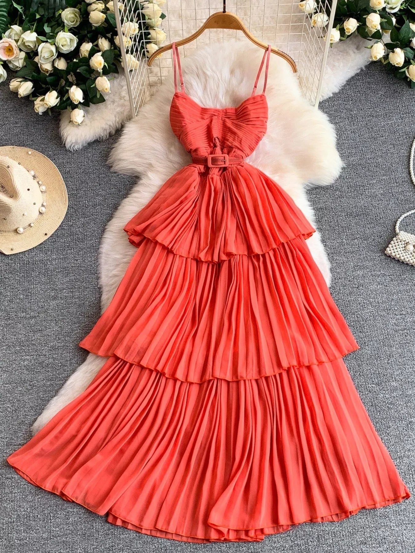 Pleated Layered Spaghetti Strap Midi Dress