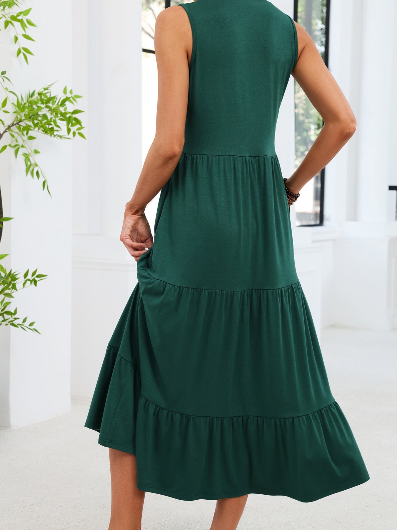 Sleeveless Notched Tiered Midi Dress