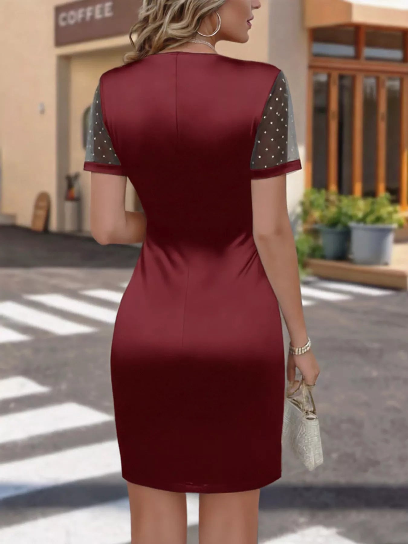 Full Size Ruched Satin Wrap Dress with Sheer Mesh Sleeves Plus Size