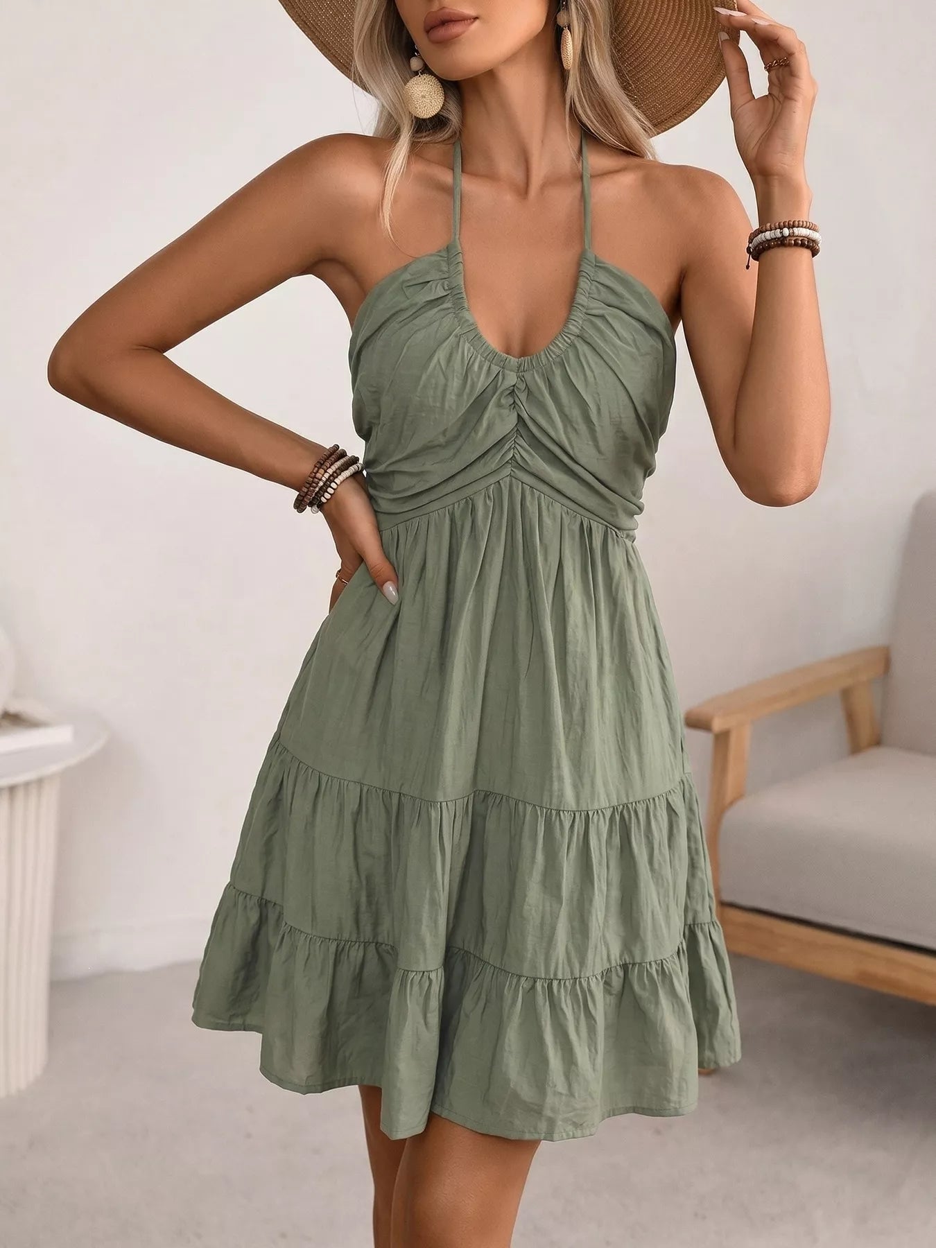 Casual Halter Neck Tiered Mini Dress
