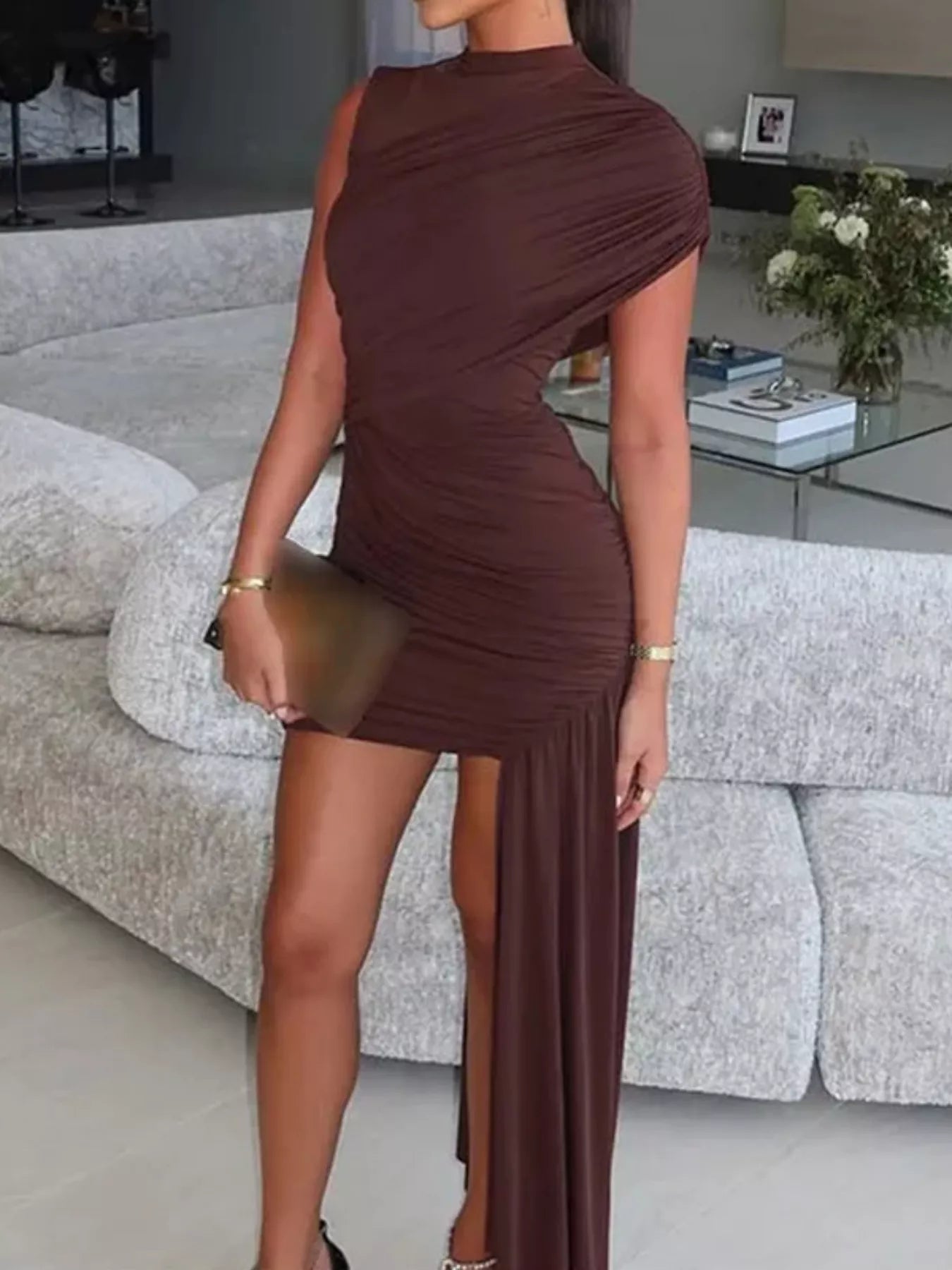 Ruched Asymmetrical Mock Neck Dress