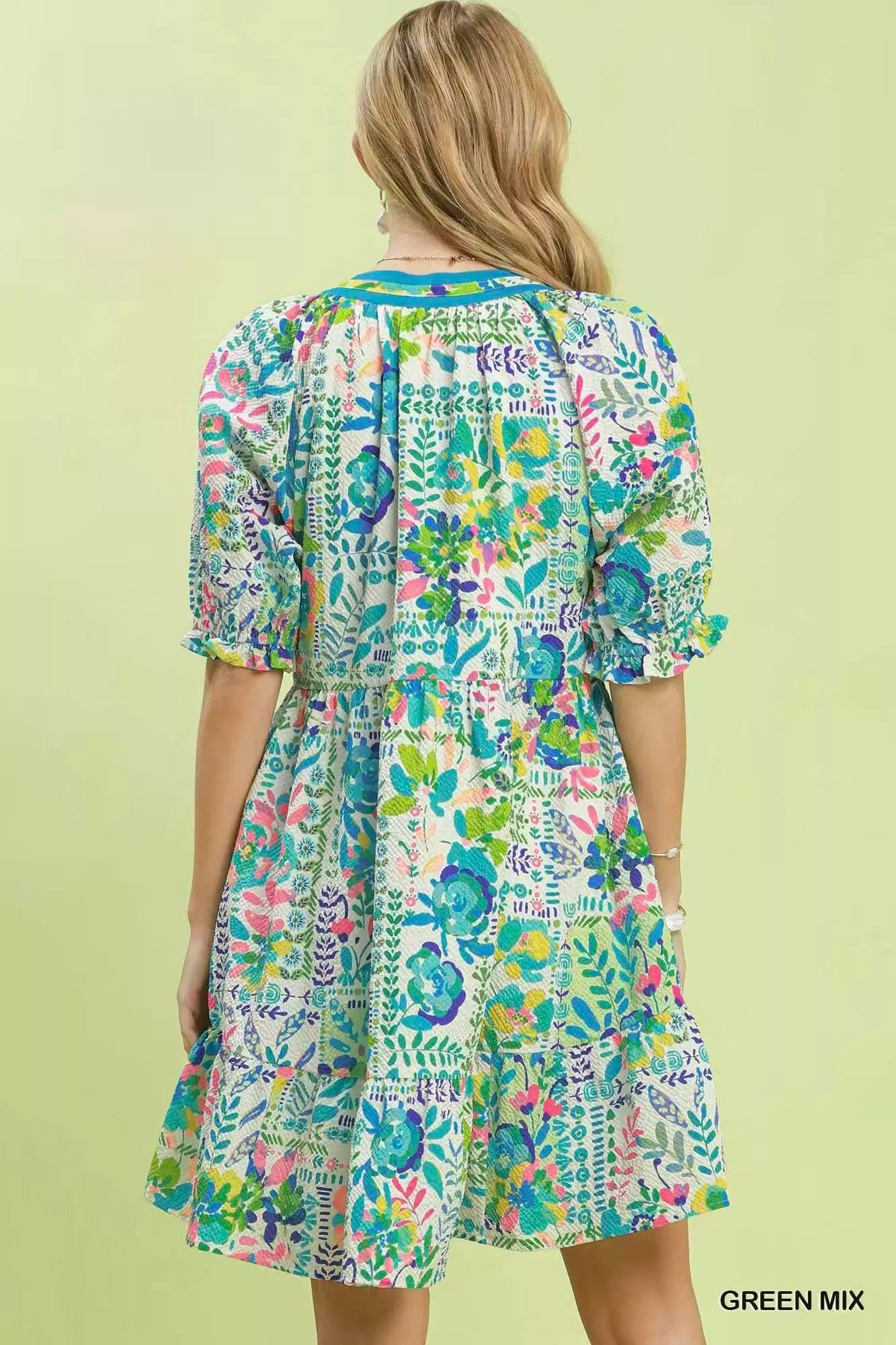 Umgee Mix Botanical Print Puff Sleeve Tiered Dress