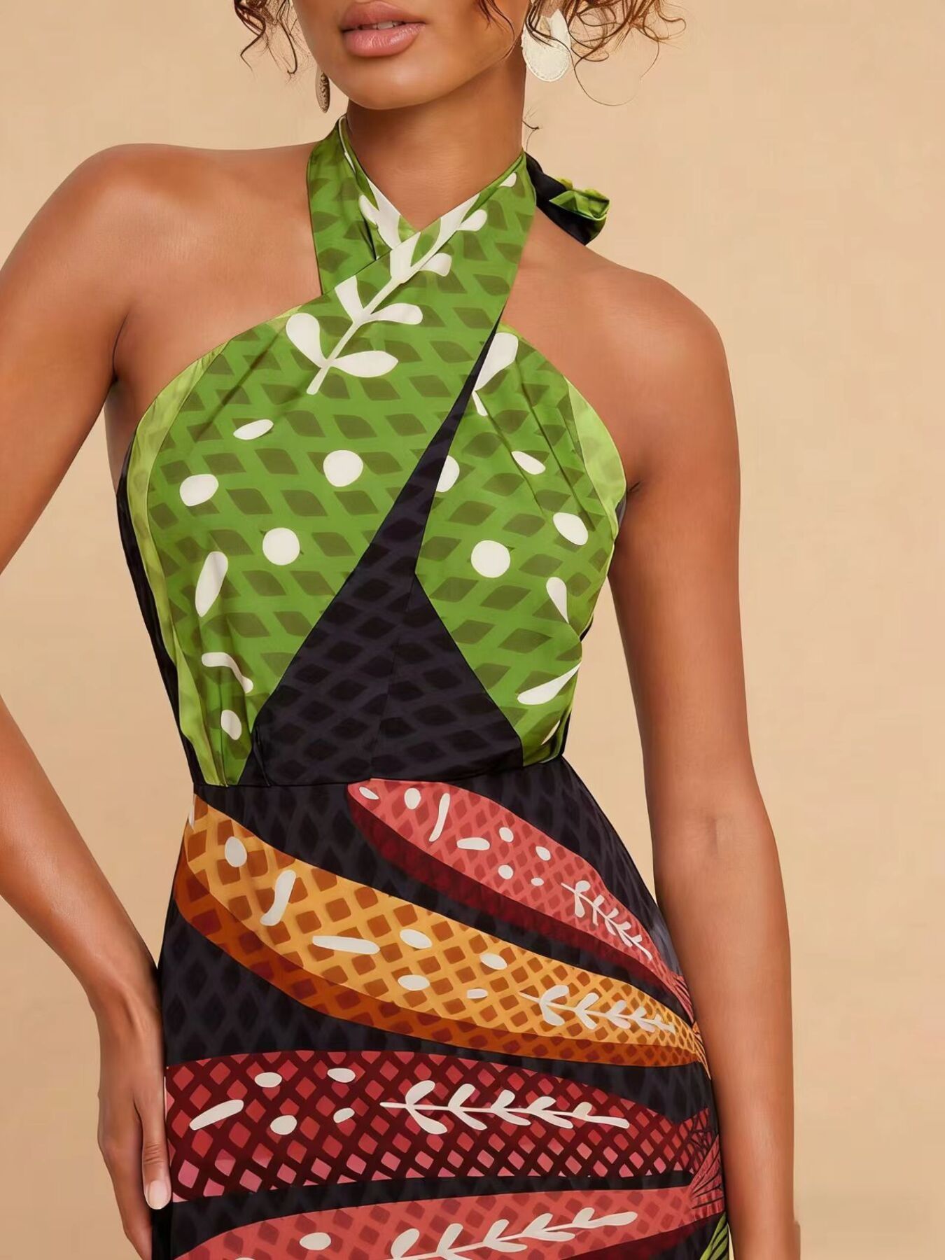 Tropical Print Halter Neck Midi Dress