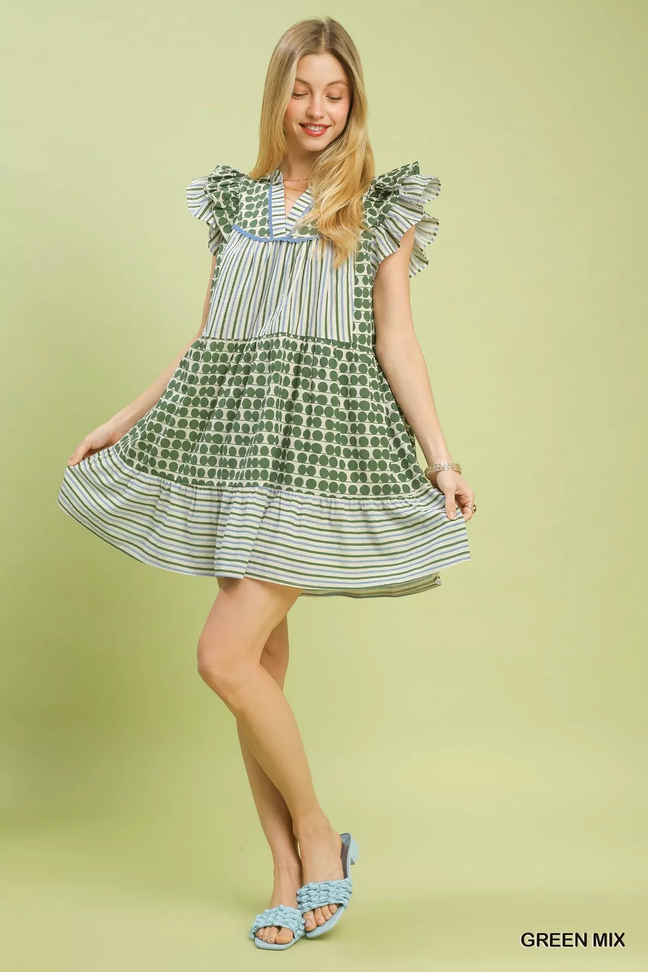 Umgee Mix Patchwork Flutter Sleeve Tiered Dress