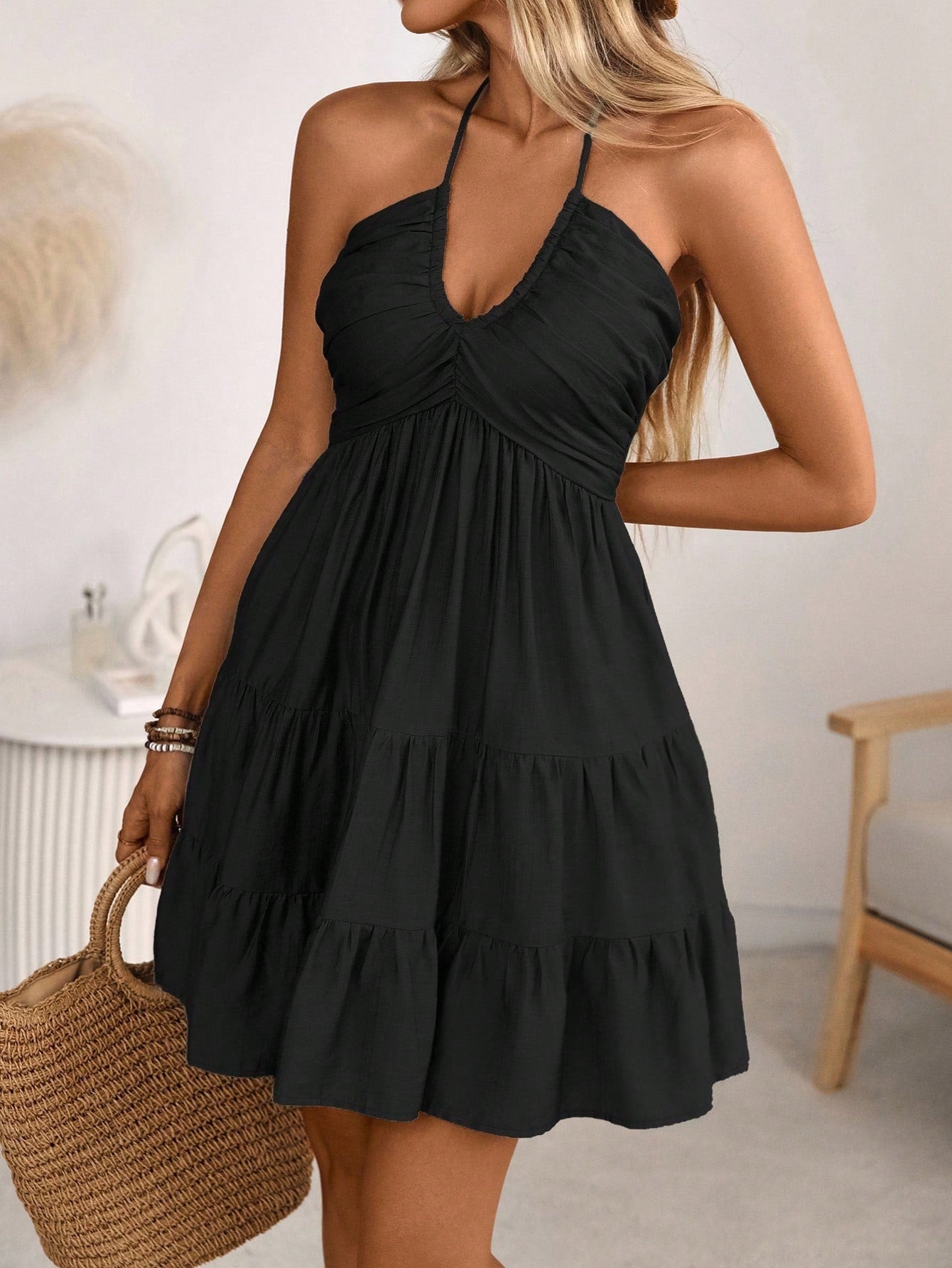 Smocked Halter Neck Tiered Dress