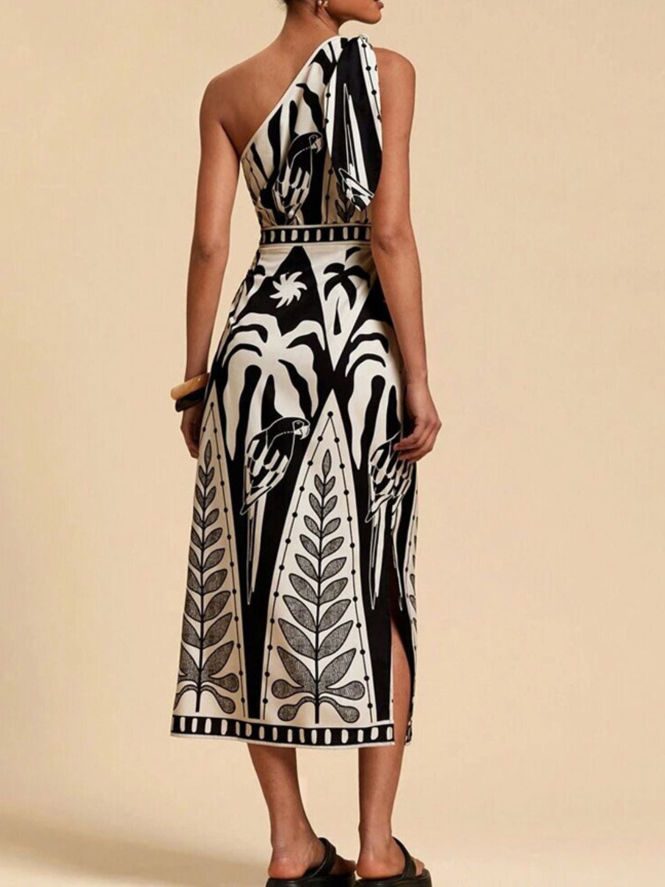One-Shoulder Tropical Print Midi Dress