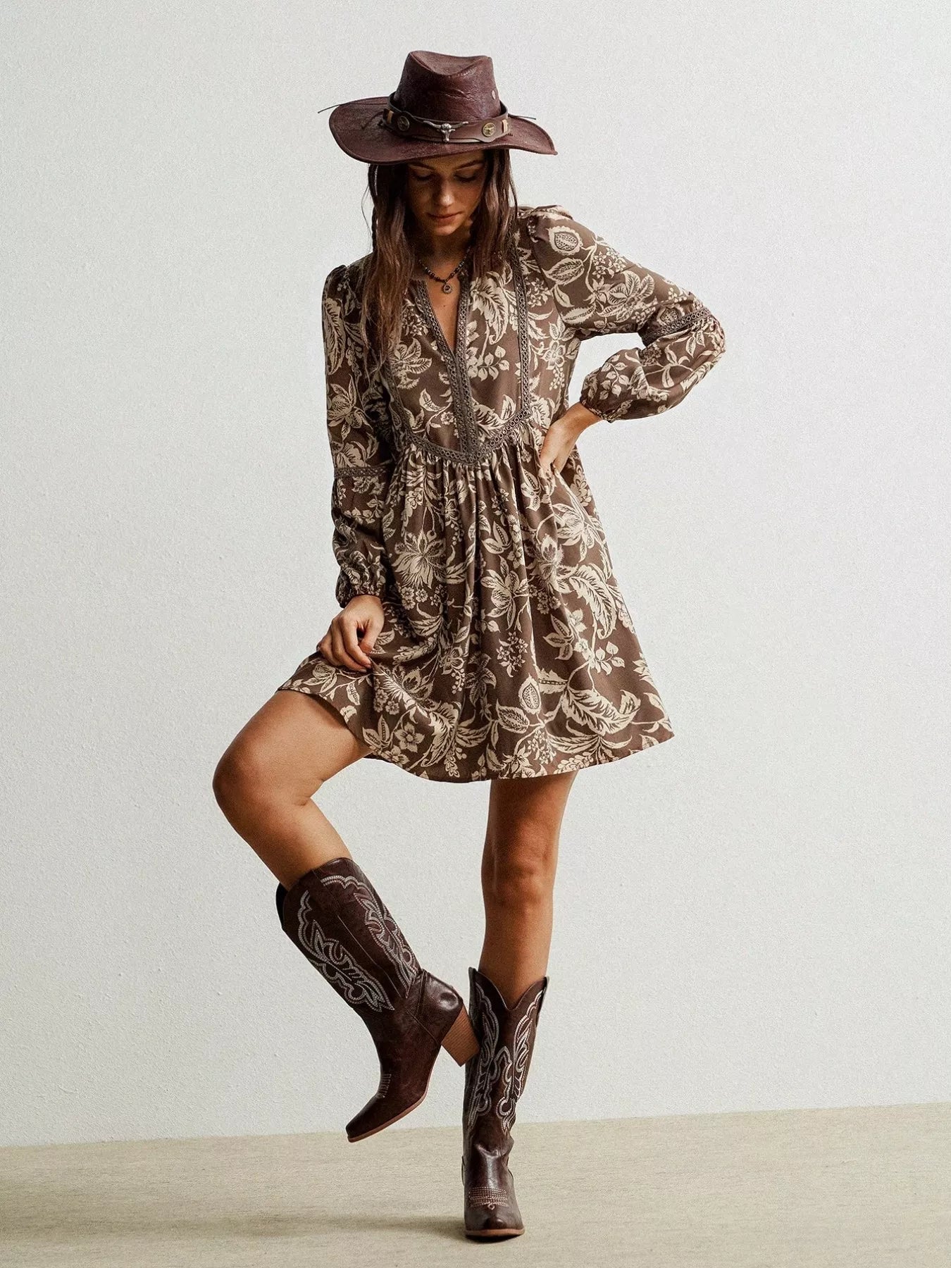 Plus Size Printed Notched Long Sleeve Dress