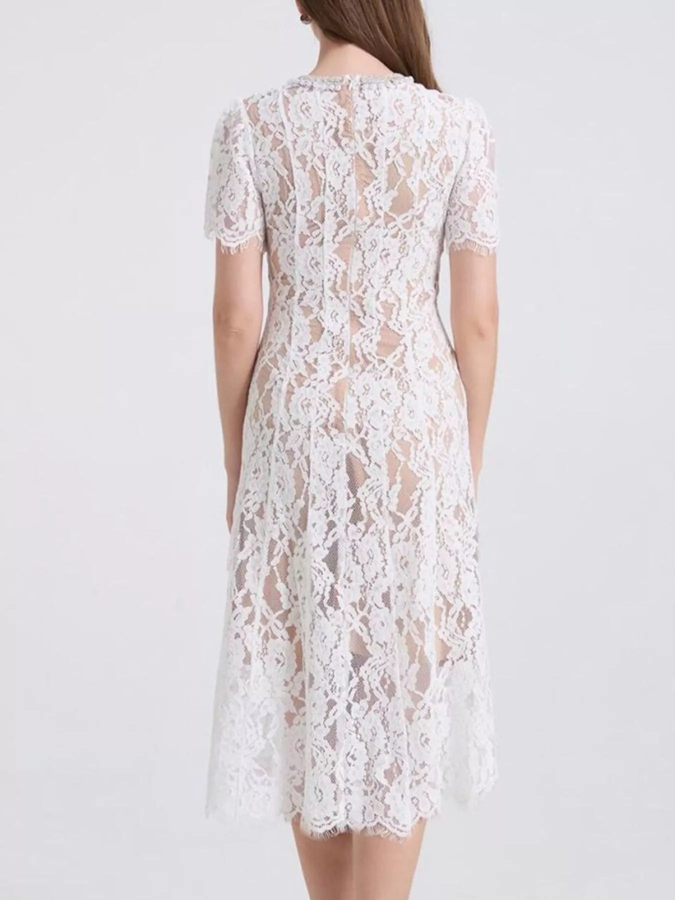 Lace Pearl Neckline Midi Dress