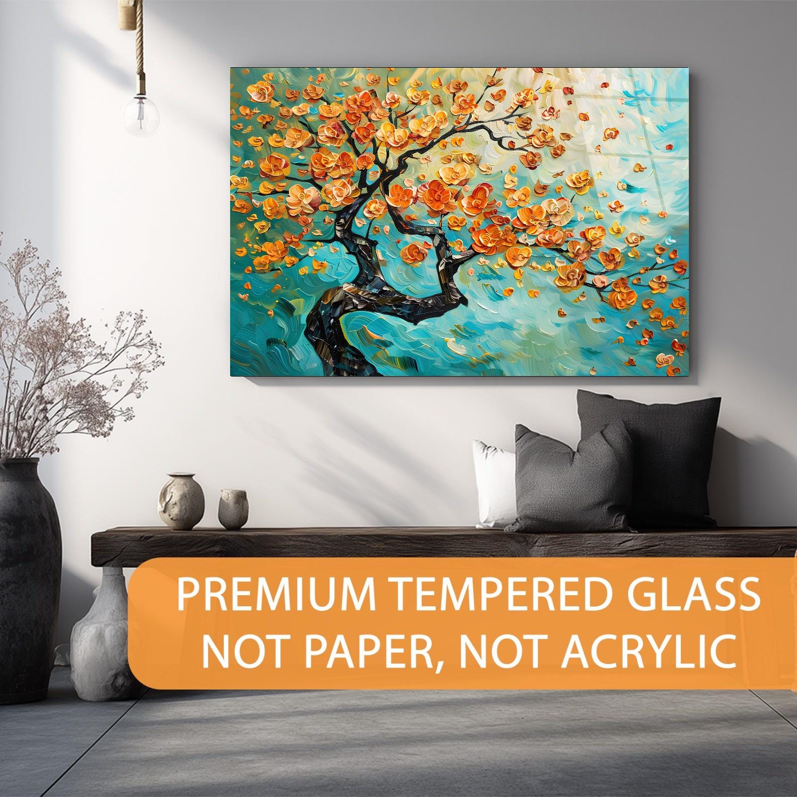 Golden Blossom Tree Glass Wall Art | Modern Nature Decor