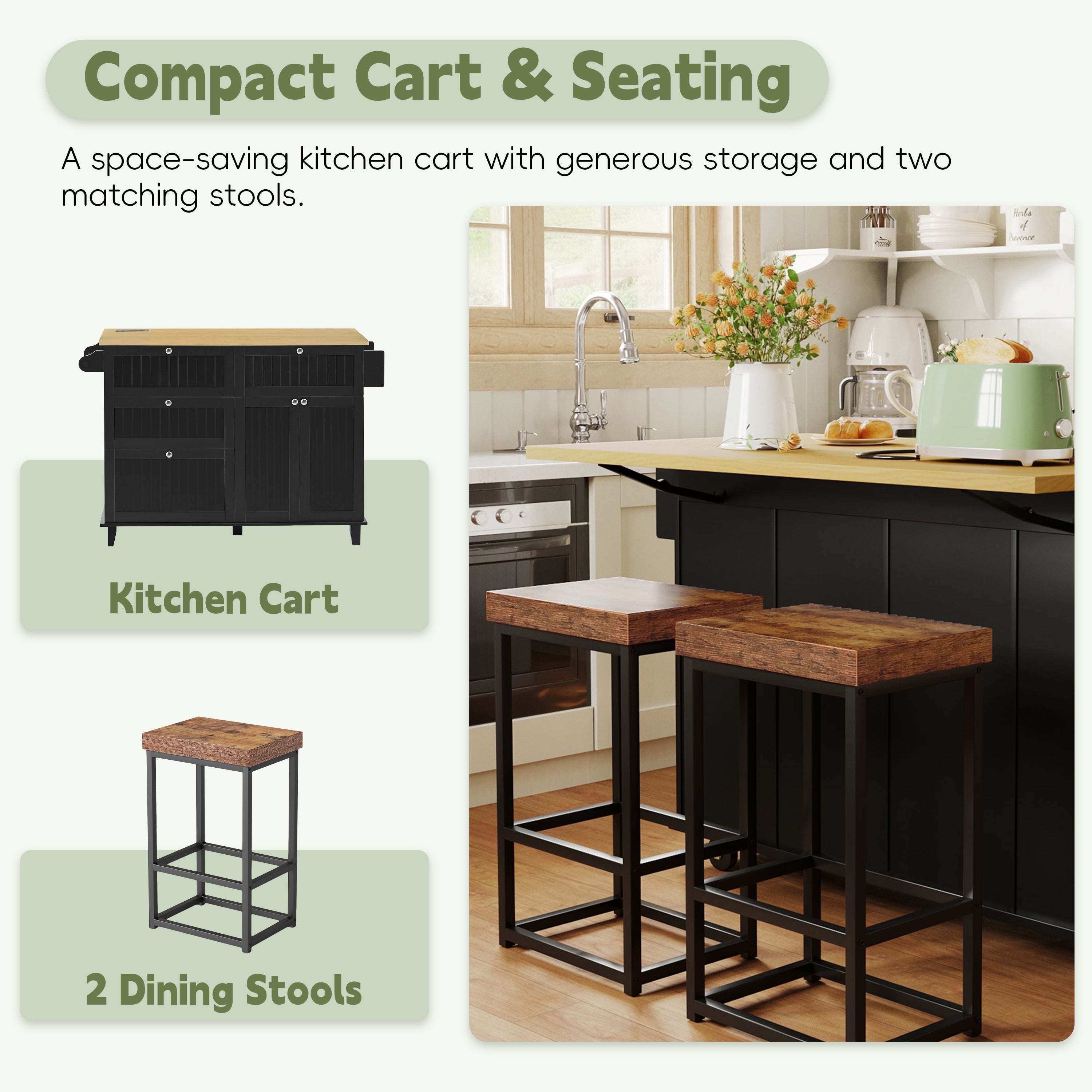 TOPMAX Farmhouse Kitchen Island with Drop Leaf and 2 Seatings