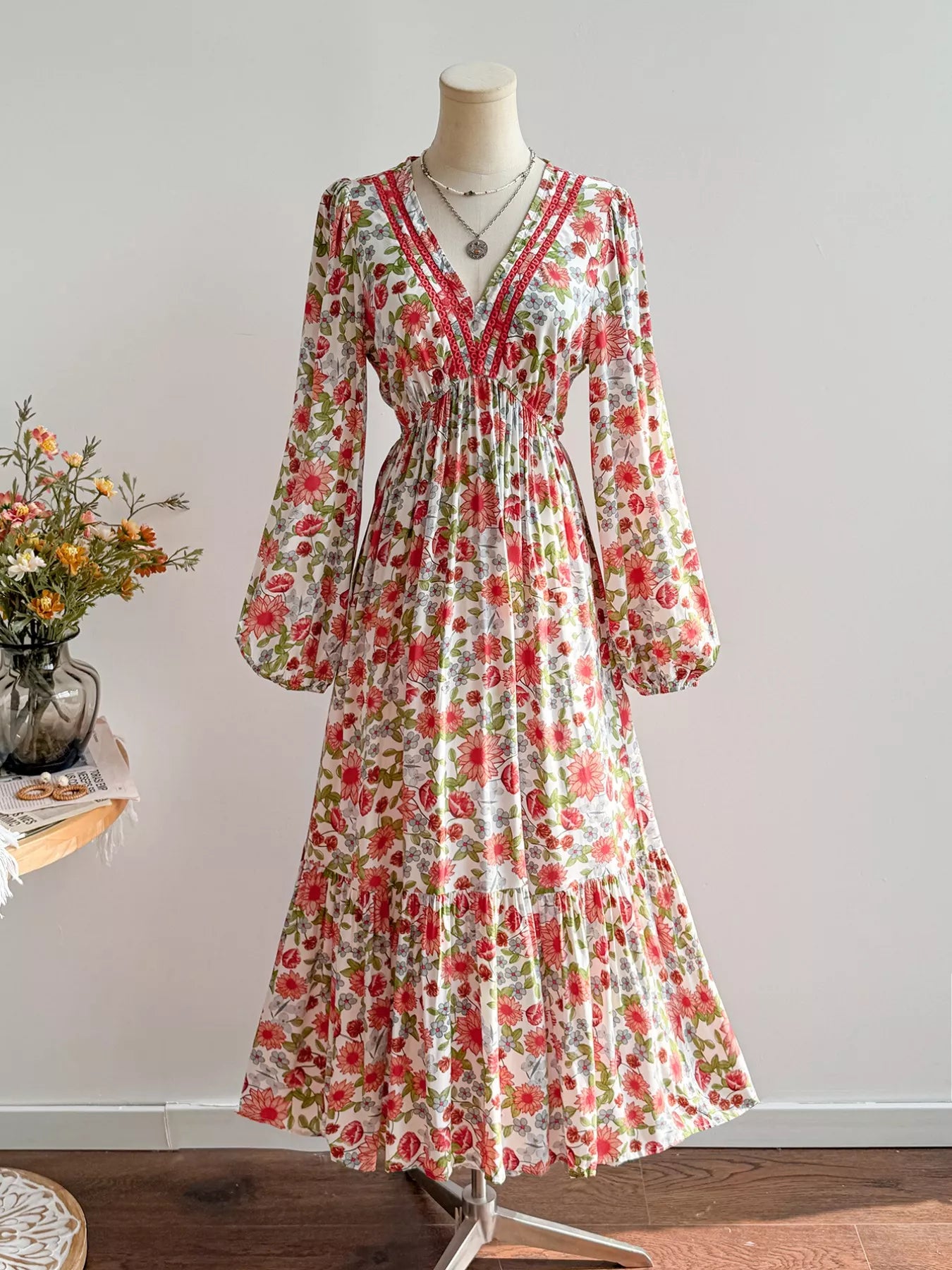 Floral Print V-Neck Bohemian Midi Dress