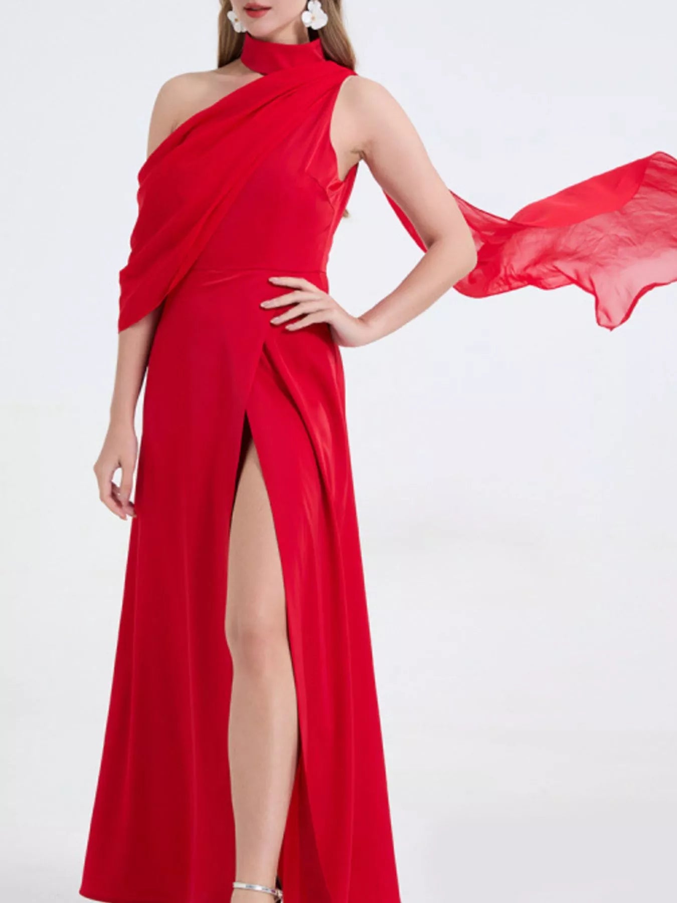 Asymmetrical Neck High Slit Maxi Dress