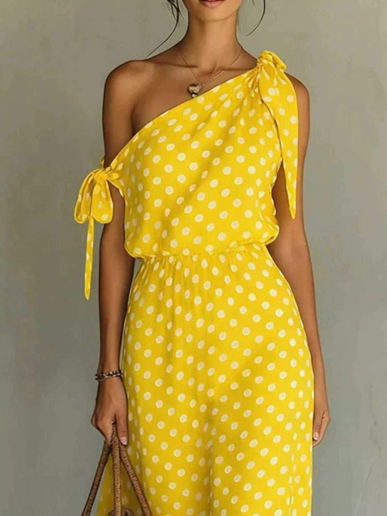 Full Size Polka Dot One-Shoulder Maxi Dress with Tie Details Plus Size