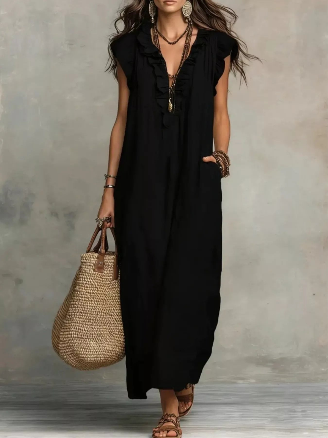 Ruffled V-Neck Maxi Dress
