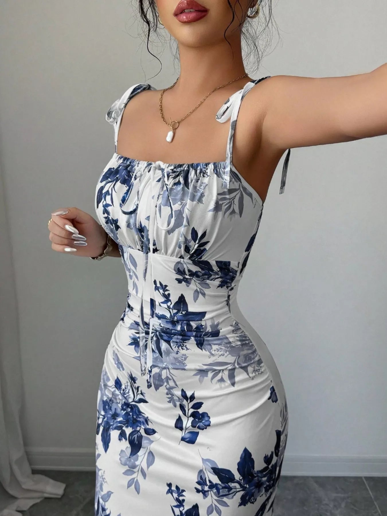 Printed Tie Strap Slit Maxi Dress