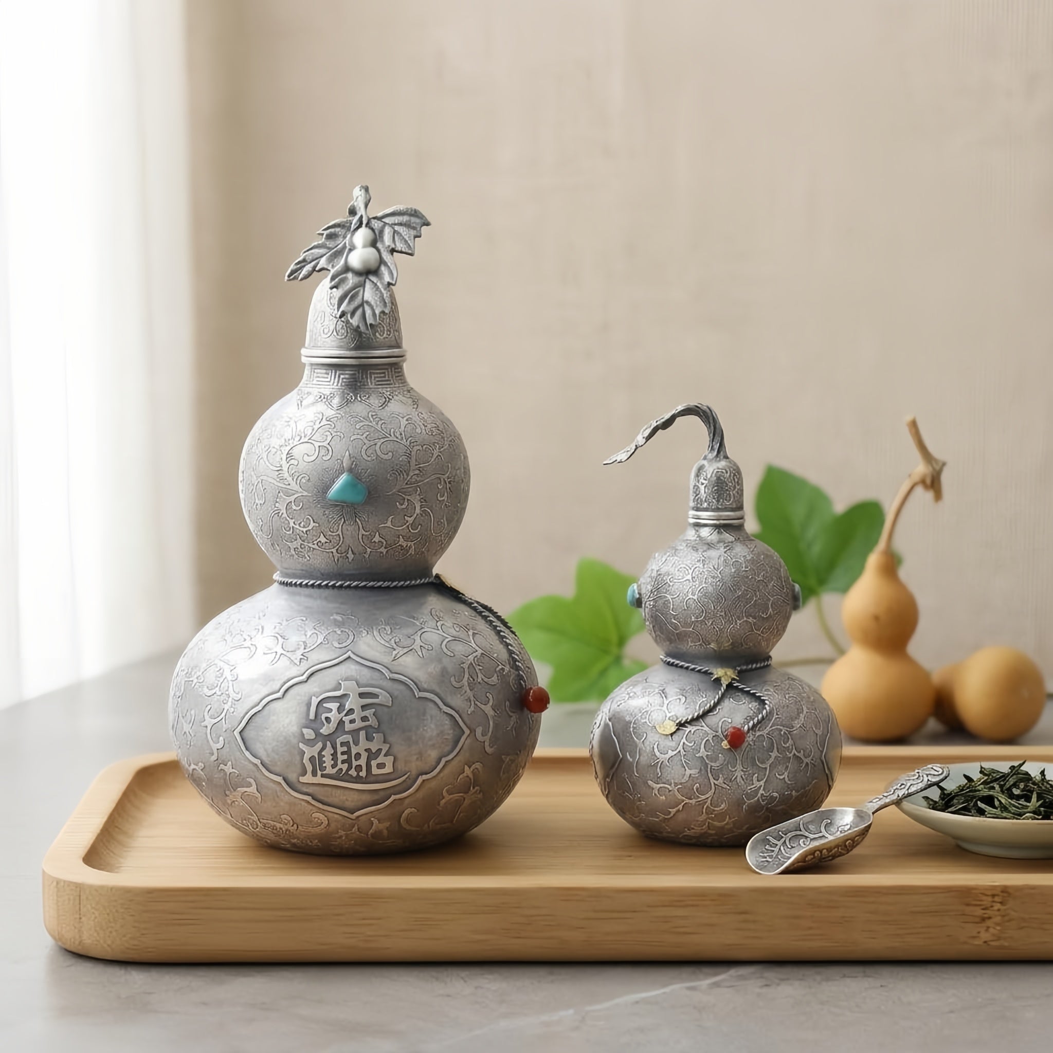 Pure 999 Fine Silver Ornate Silver-Tone Gourd Containers with Turquoise and Traditional Chinese Prosperity Engravings - Handicraft
