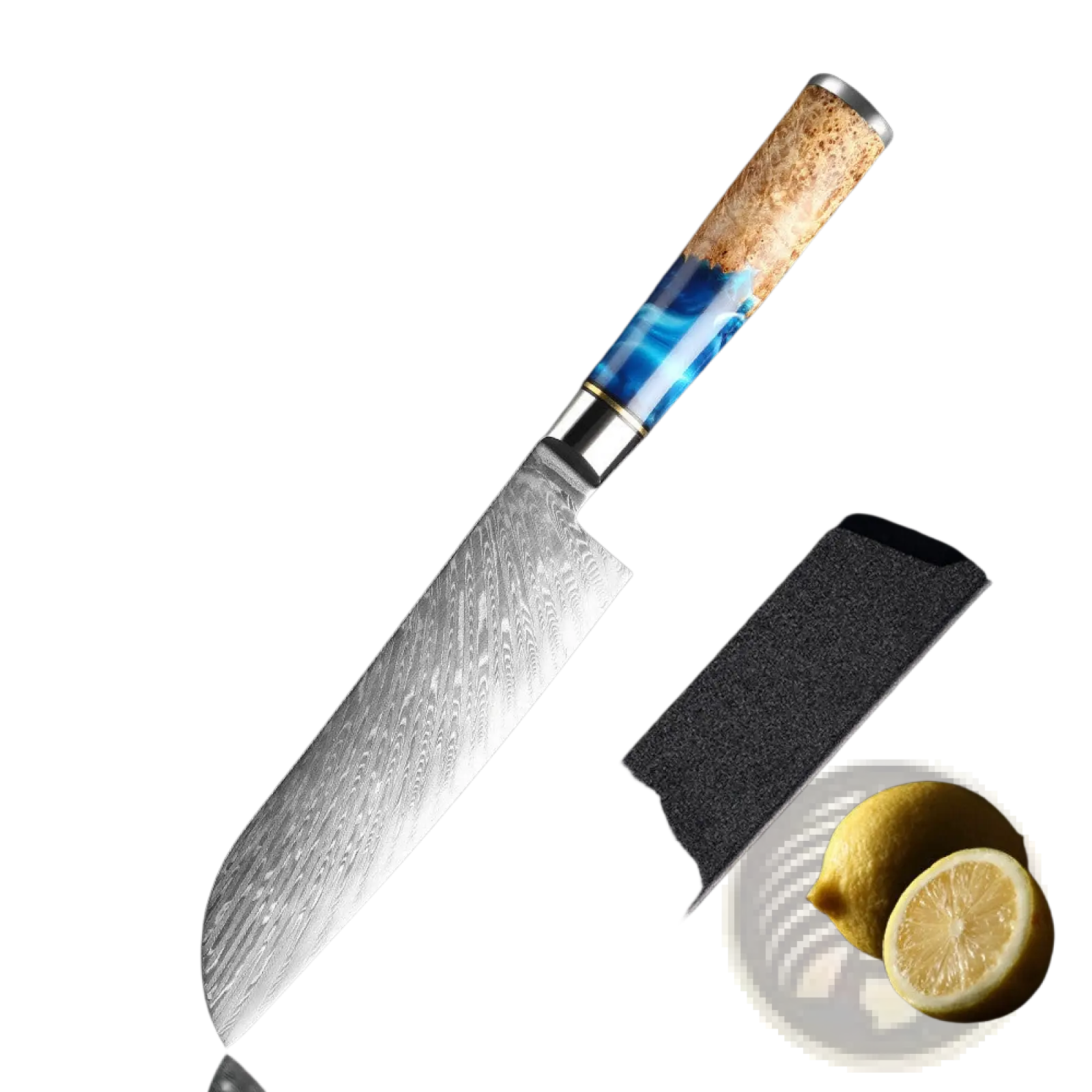 Damascus Chef Knife Set Blue Resin Handle 7 Piece