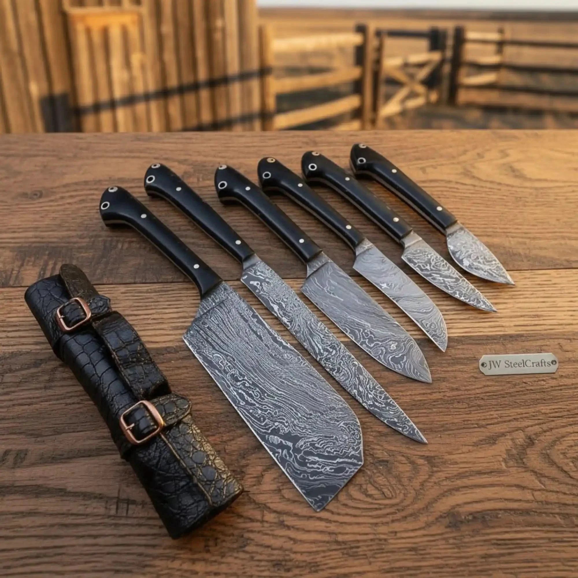 6-Piece Damascus Japanese Chef Collection with Wood Grain Damascus Blades