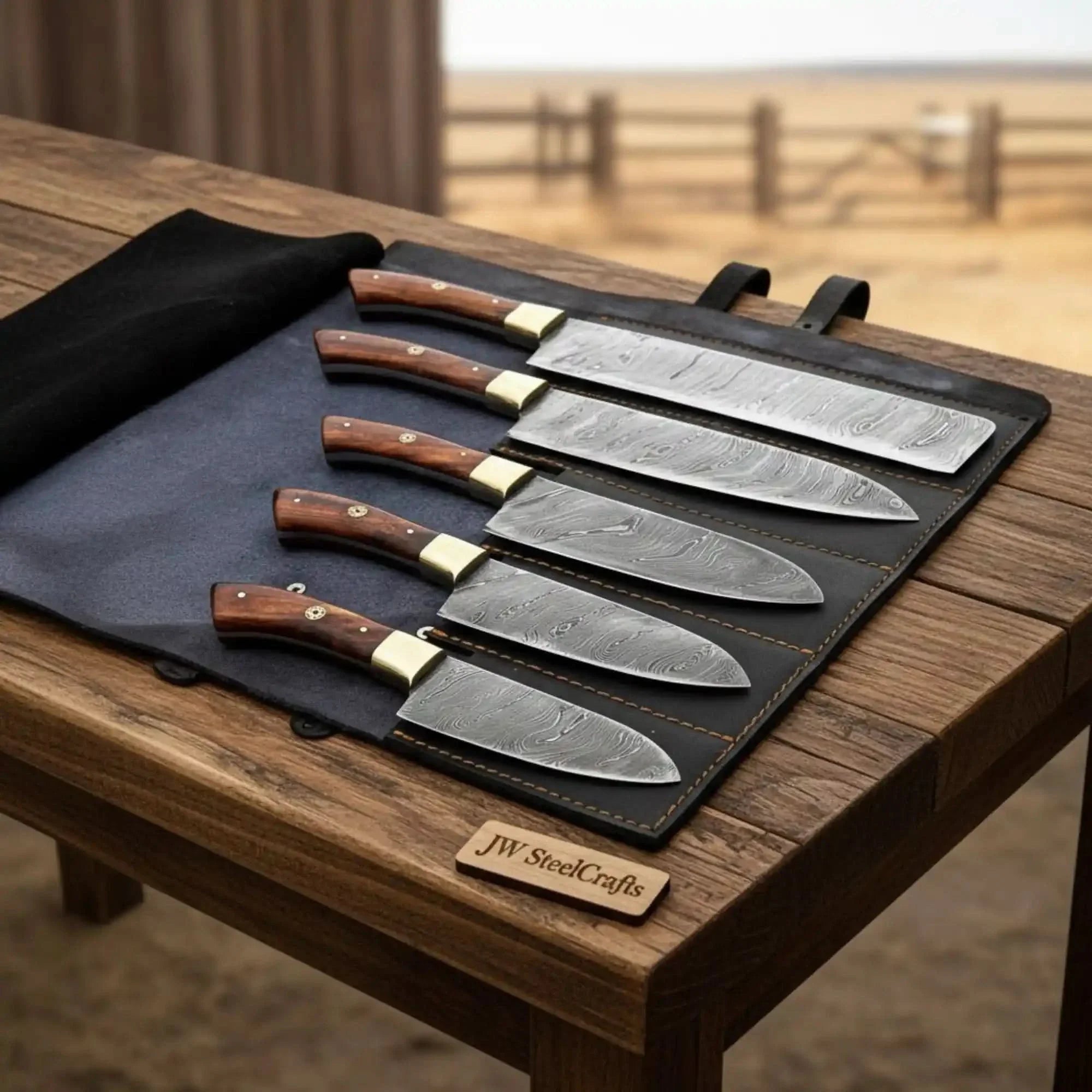 5-Piece Damascus Kitchen Knife Set Pakka Wood Leather Roll with Wood Grain Blades