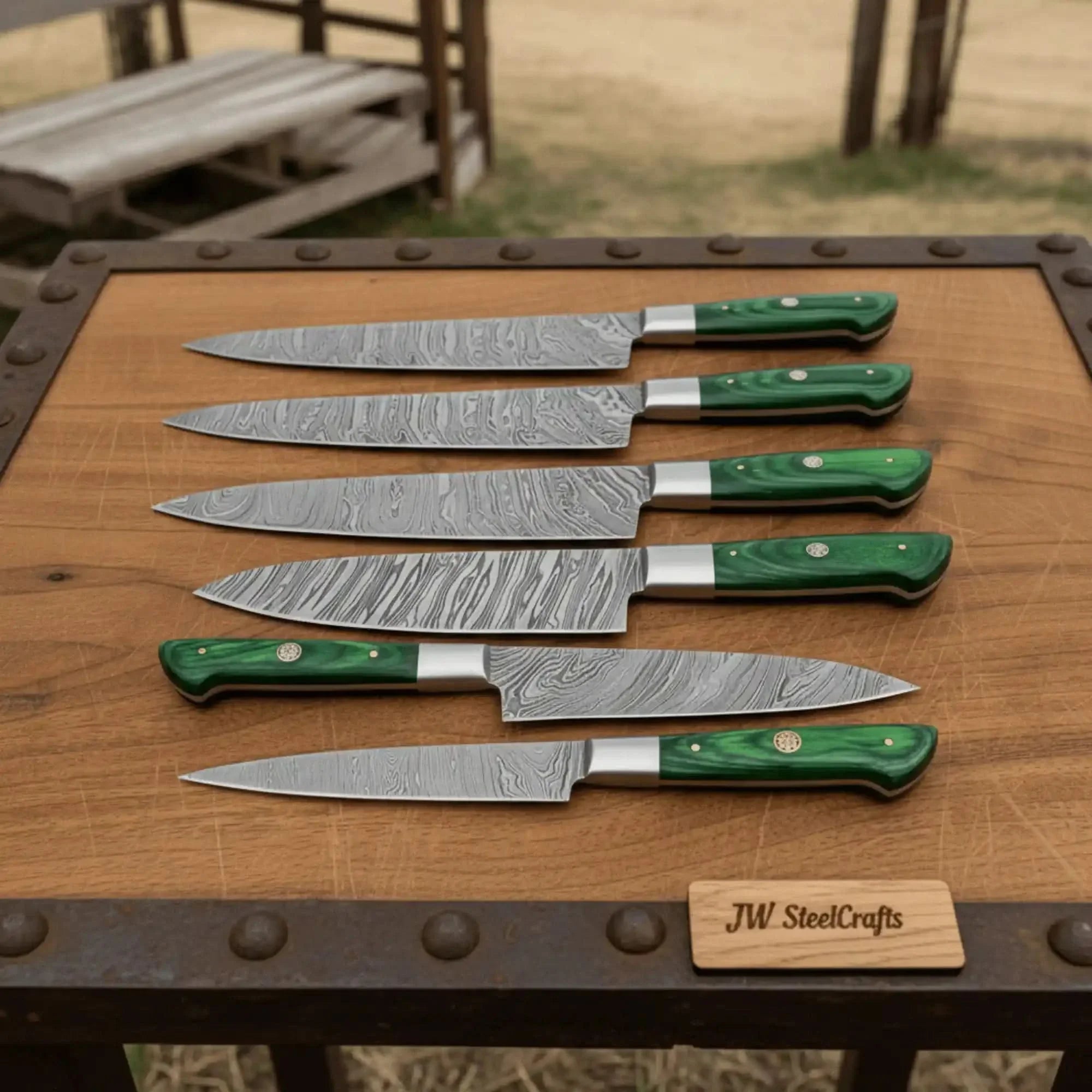 6-Piece Damascus Kitchen Knife Set with Green Wood Handle