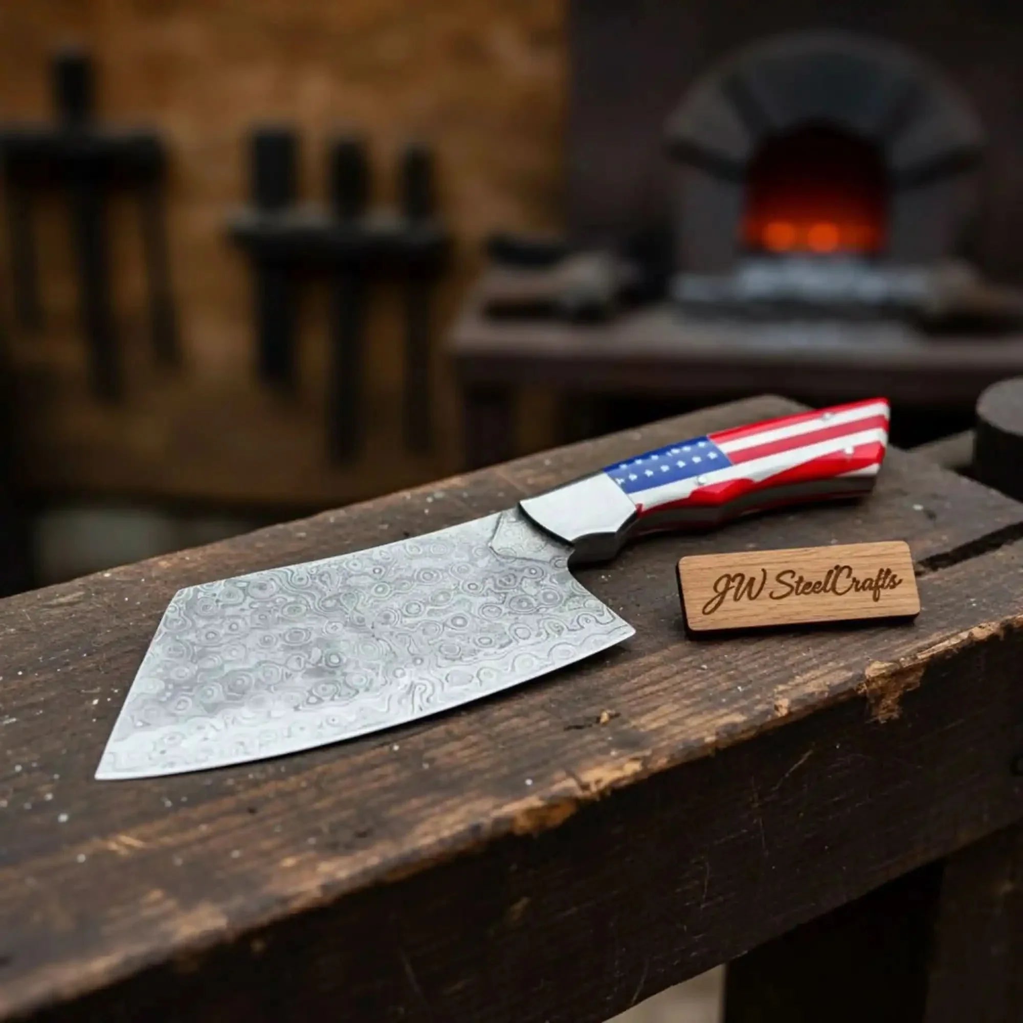 Damascus Steel Cleaver Knife with American Flag Resin Handle