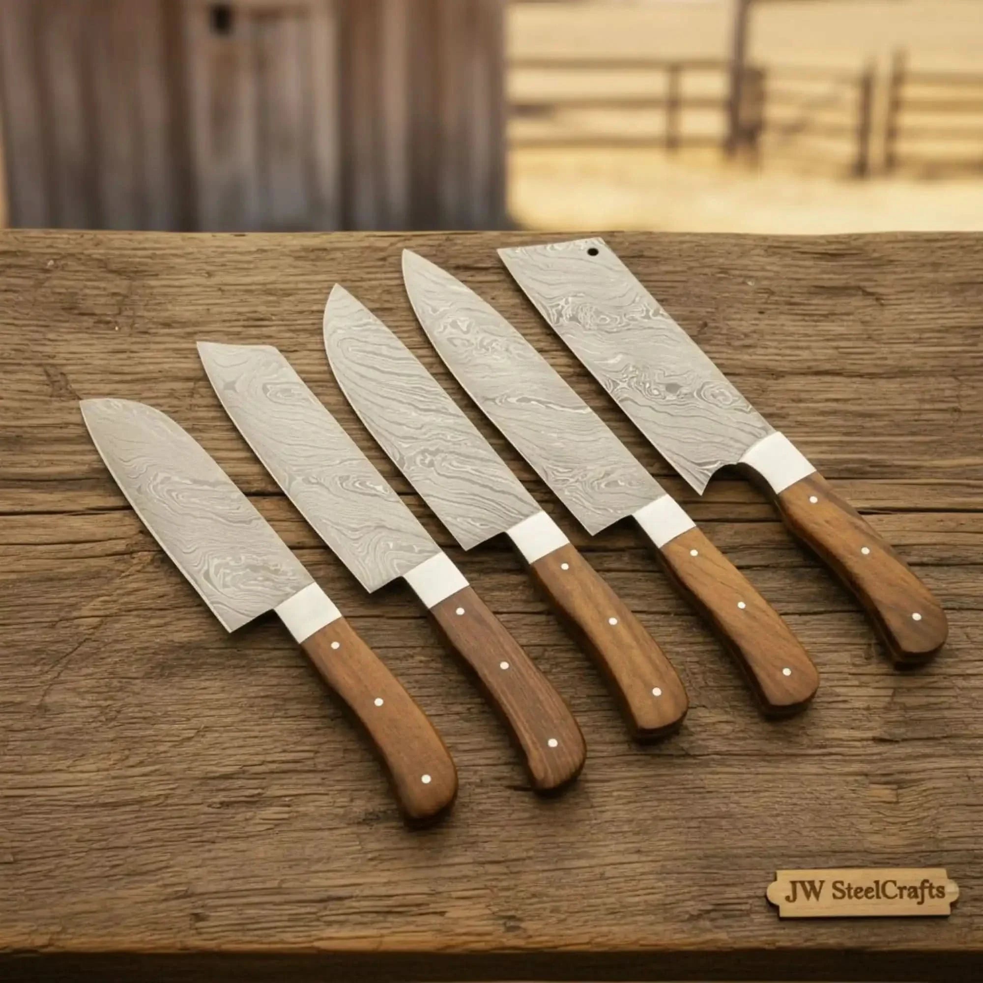 5-Piece Damascus Steel Knife Set with Rosewood Handles Wood Grain Damascus Blades