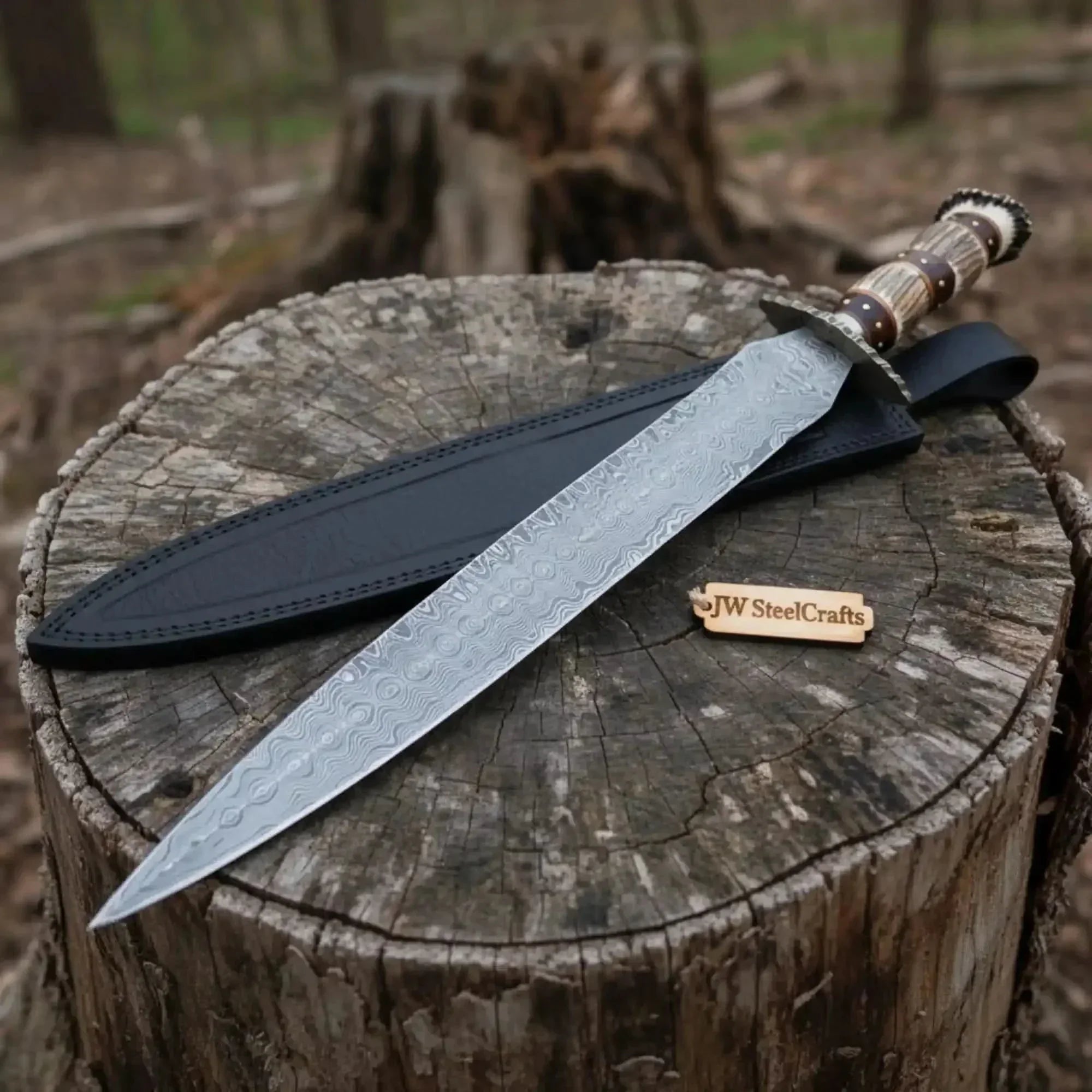 Damascus Steel Roman Gladius Short Sword with Stag Horn Handle