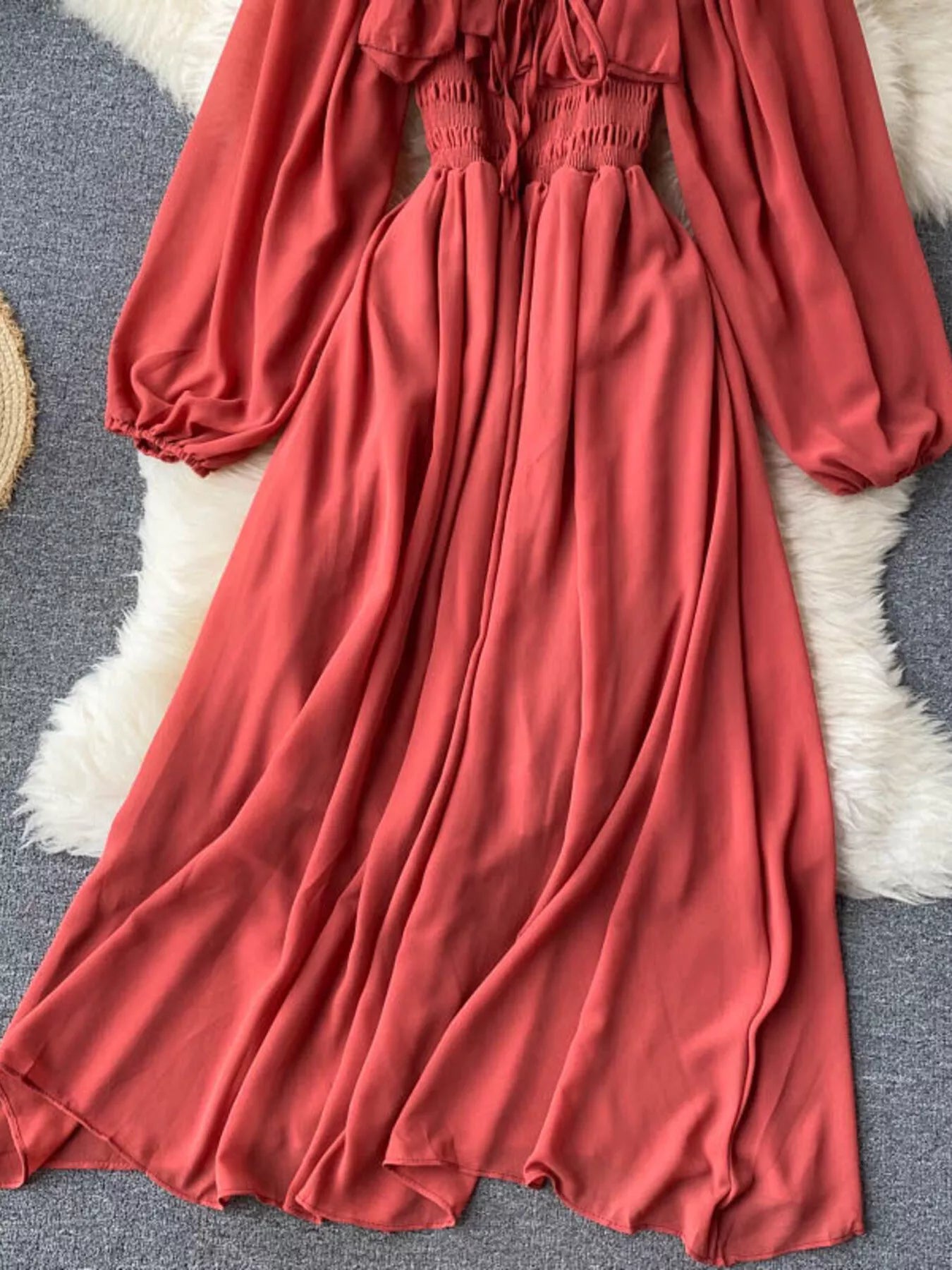 Ruffle Square Neck Balloon Sleeve A-Line Dress
